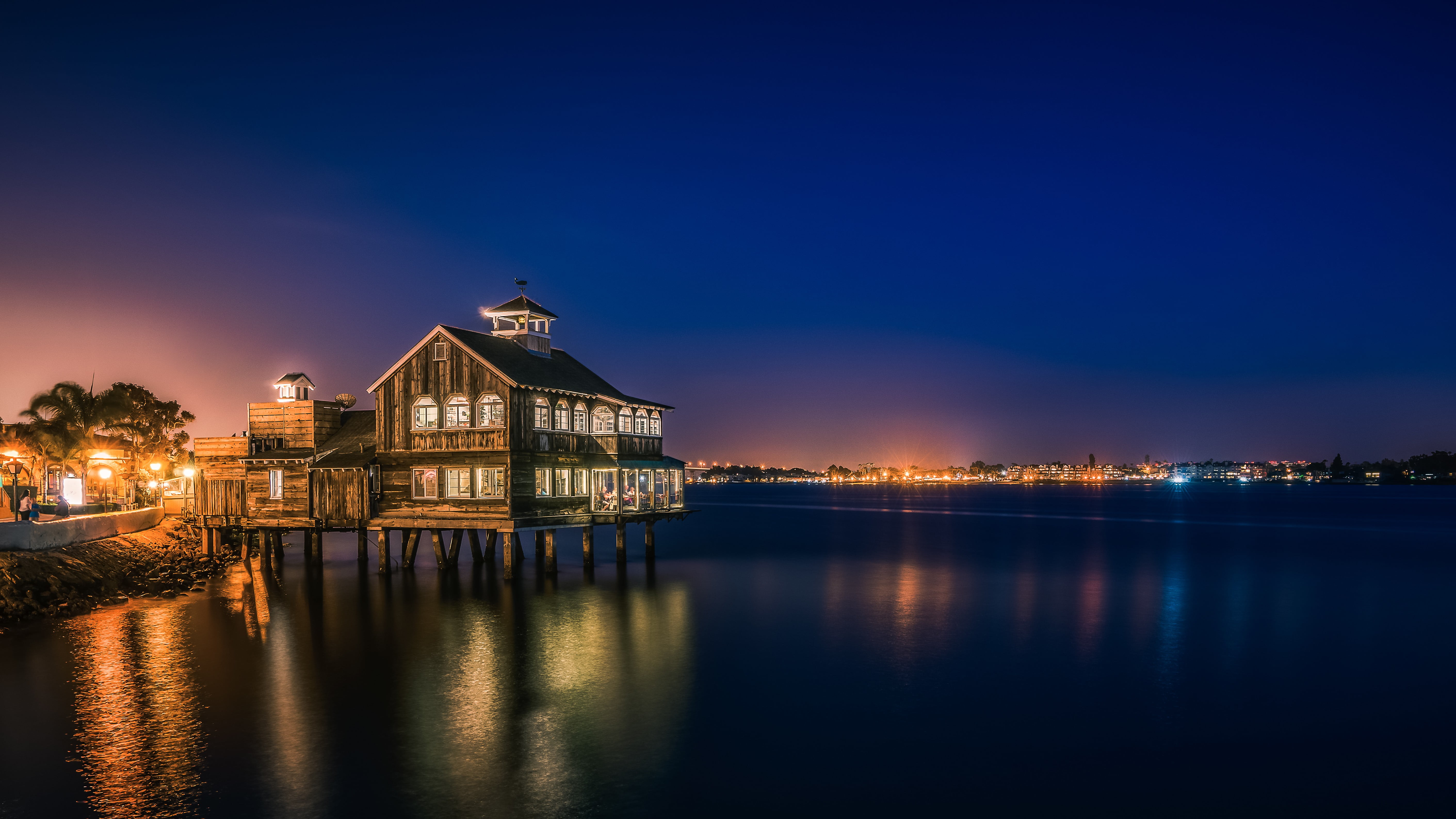 brown wooden house, urban, San Diego, Pier Cafe, city, night