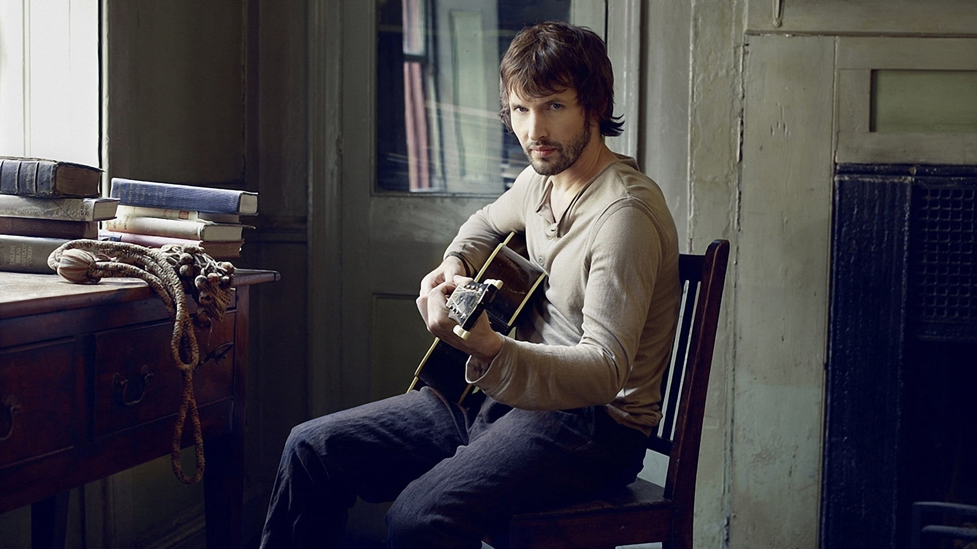 men's brown long-sleeved shirt, james blunt, room, chair, guitar