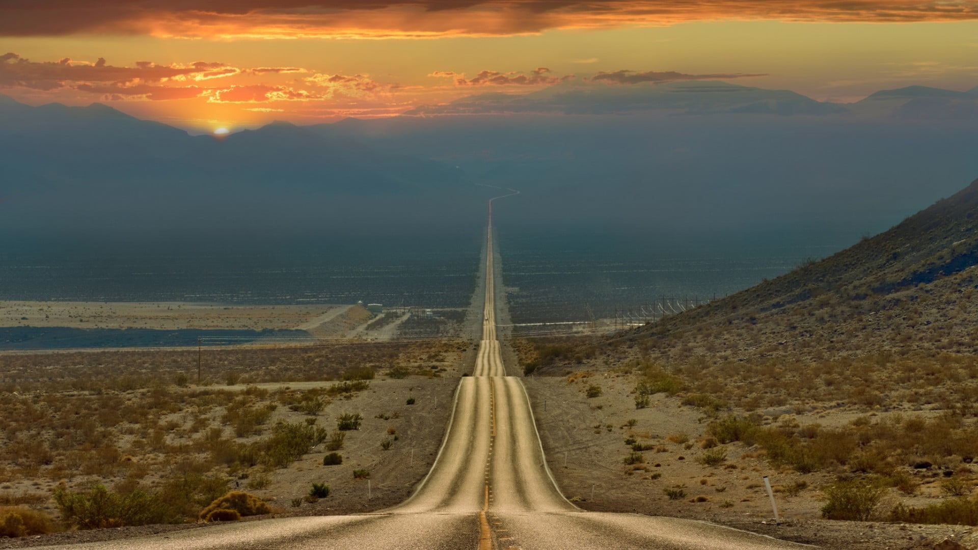 blue sky, nature, landscape, road, hills, California, USA, sunset