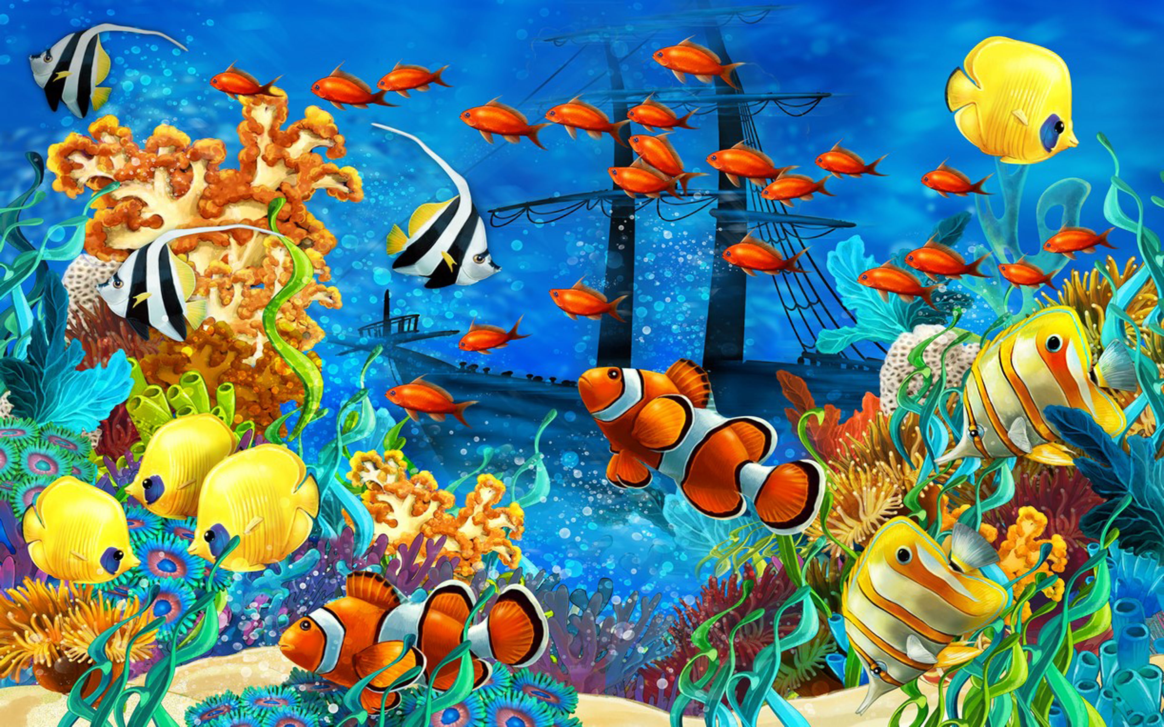 Seabed-tropical colorful fish, coral-shipwreck-Wallpapers fish for your desktop