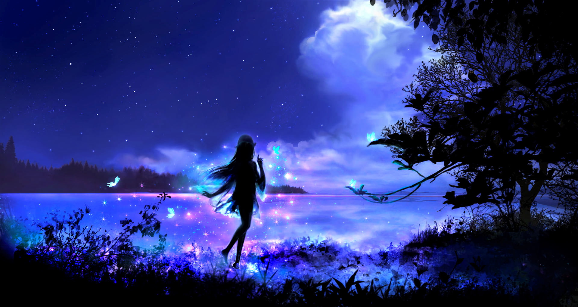 Fantasy, Fairy, Blue, Butterfly, Girl, Night, Silhouette, beauty in nature