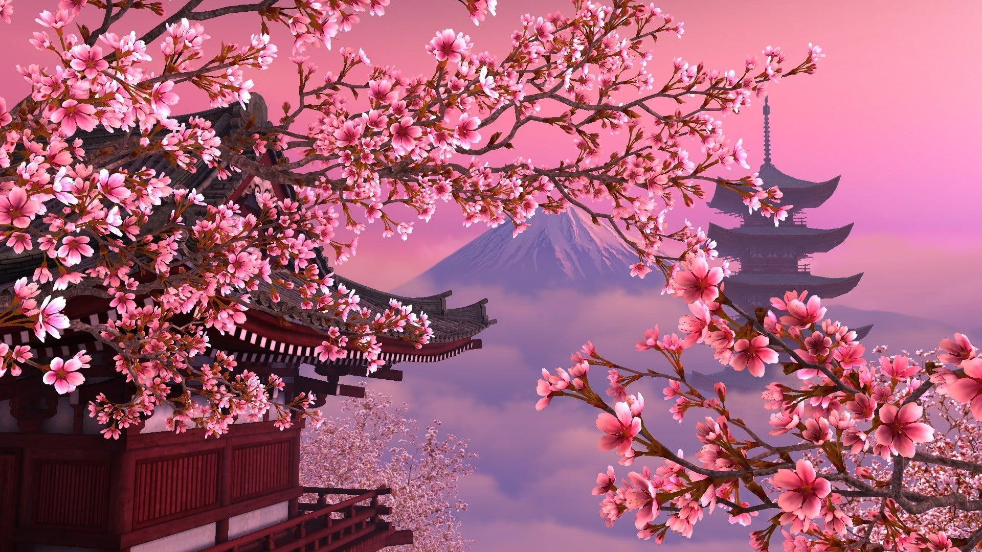 Artistic, Japanese, Cherry Blossom, Pagoda, Sakura