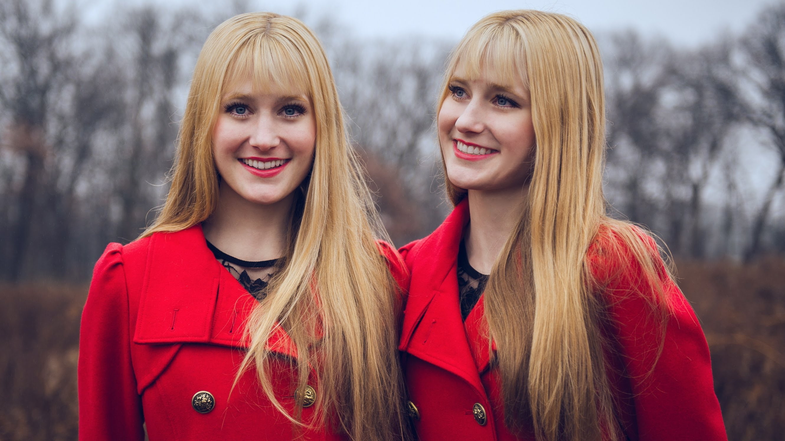 women, musician, Harp Twins, blonde, red coat, smiling, happiness