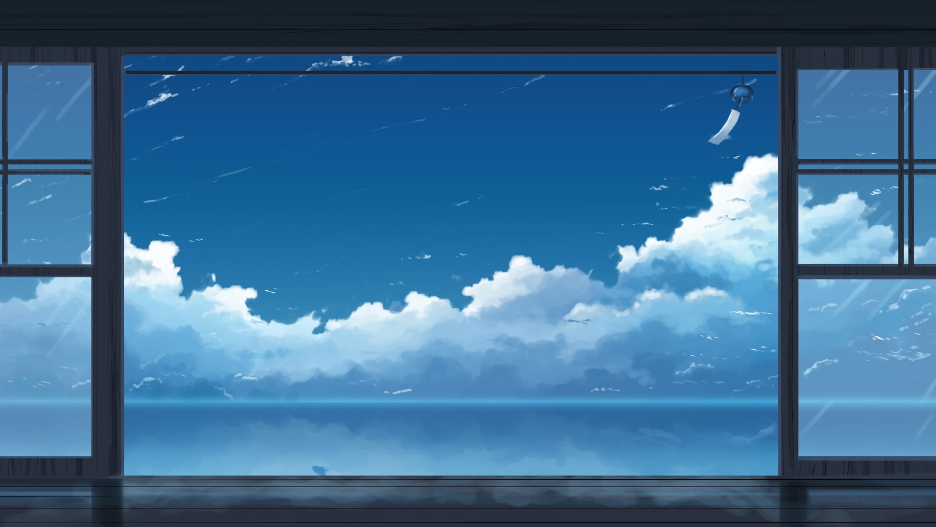 anime landscape, sky, scenic, clouds, cloud - sky, window, glass - material