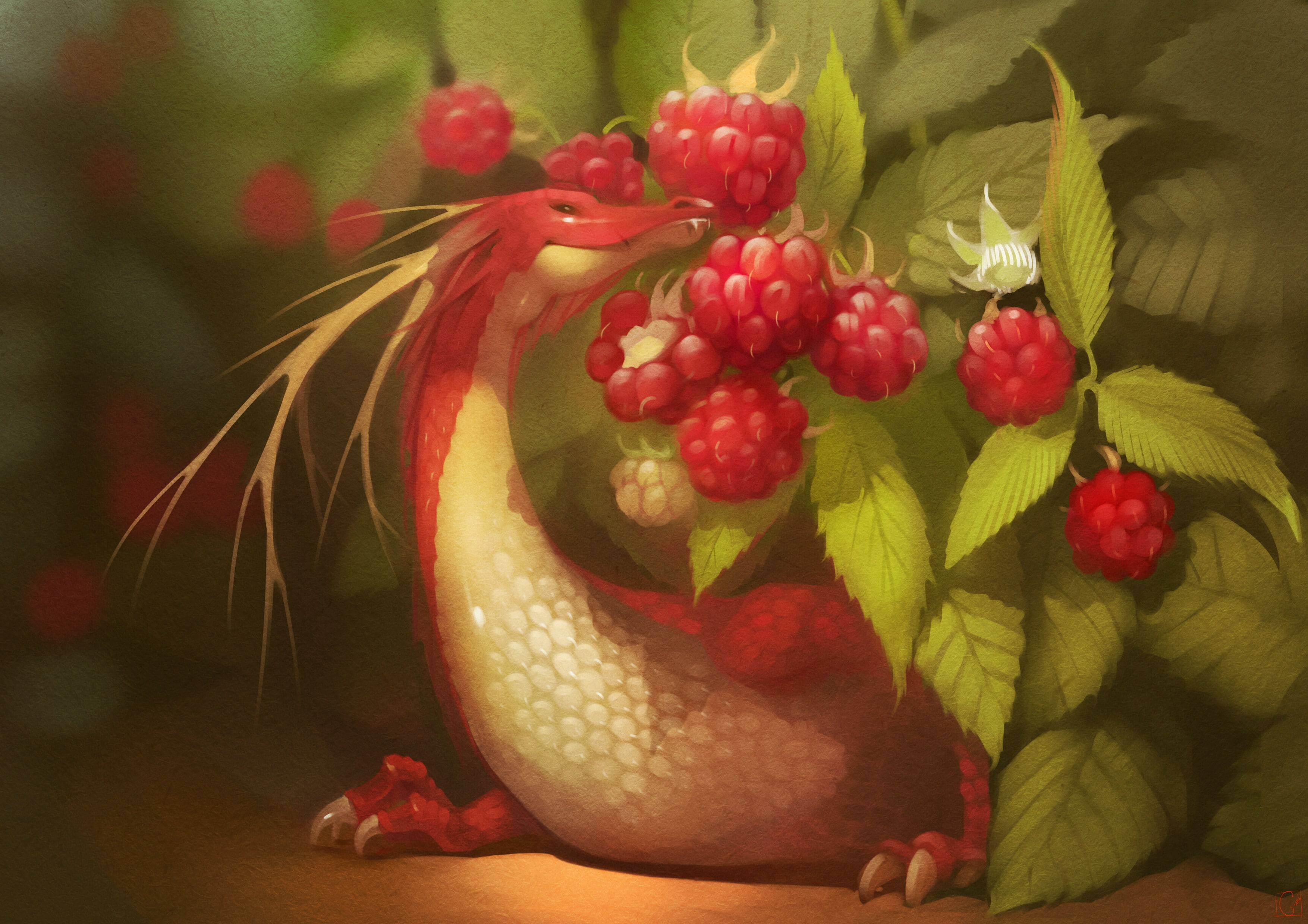 digital art fantasy art dragon rasberry, fruit, red, food, healthy eating
