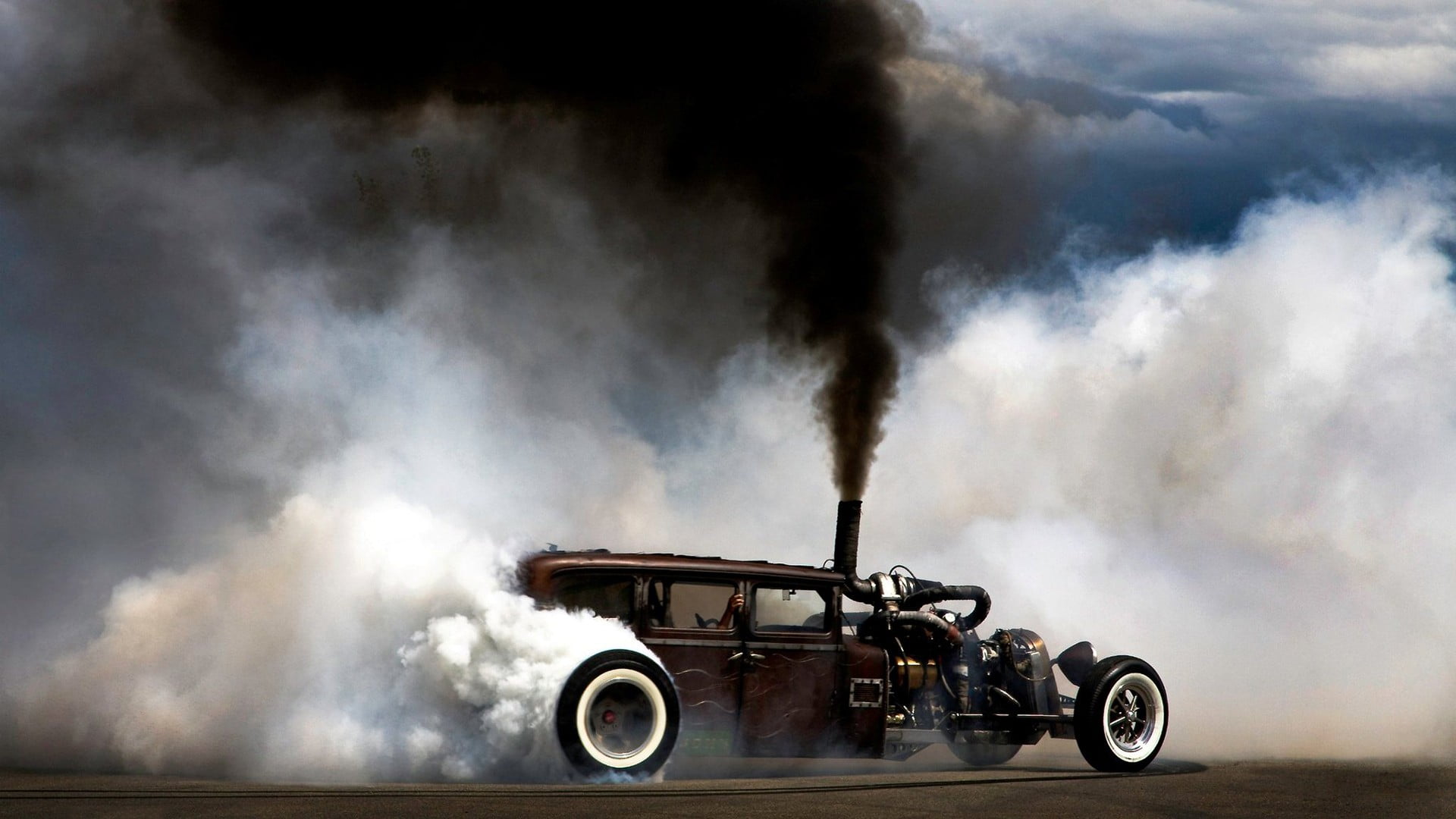 vintage black coupe, smoke, car, Burnout, Hot Rod, Rat Rod, smoke - physical structure