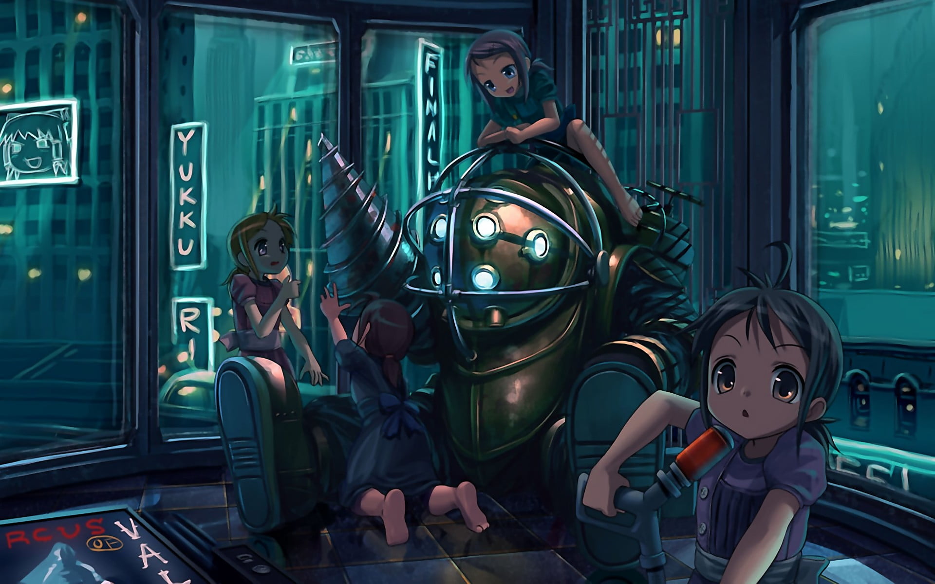 three girls near gray robot anime characters illustration, video games