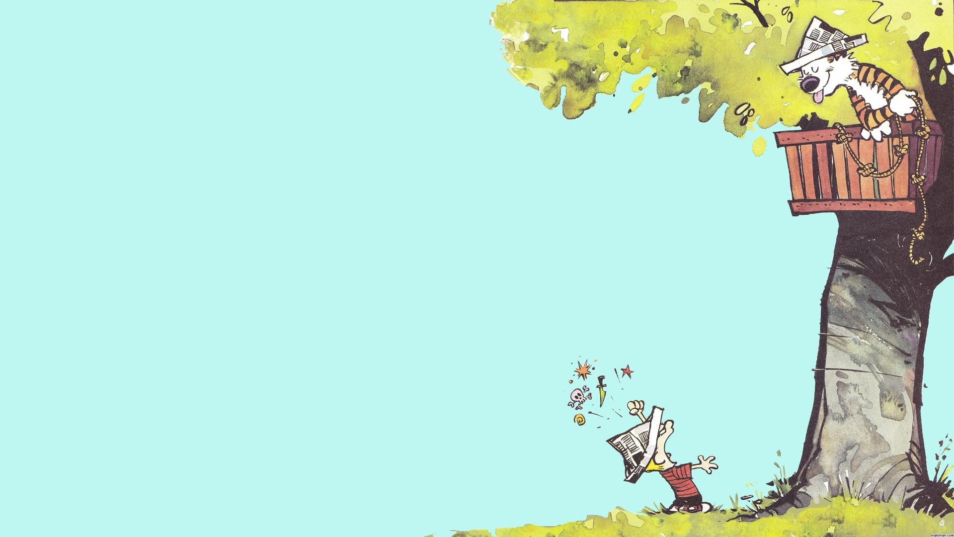 Calvin and Hobbes, Minimalism, Cartoon, tiger in the tree house illustration