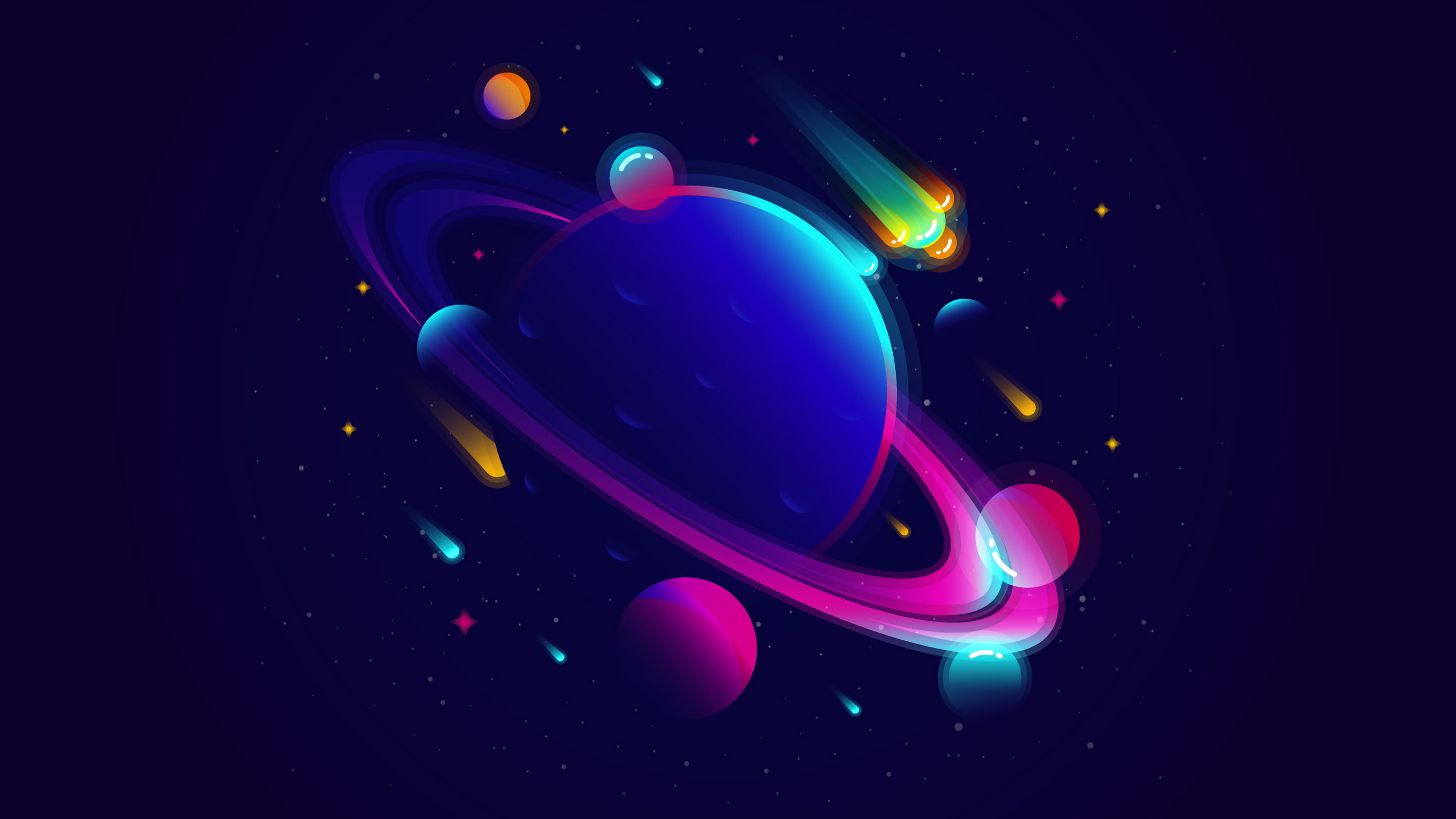 Neon, Vibrant, Solar system, Minimal, Planets, Saturn