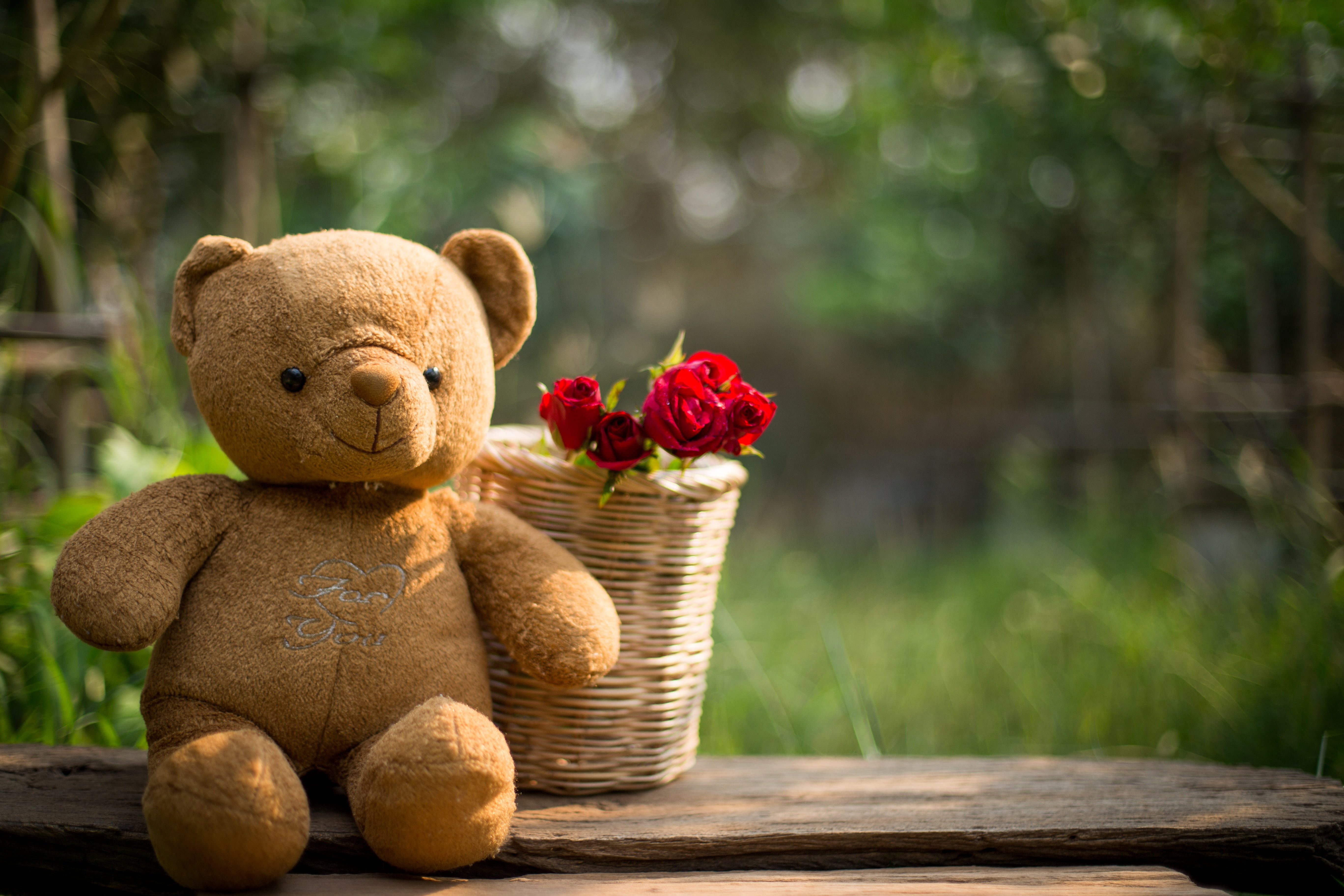 love, flowers, gift, toy, heart, roses, bear, red, wood, romantic