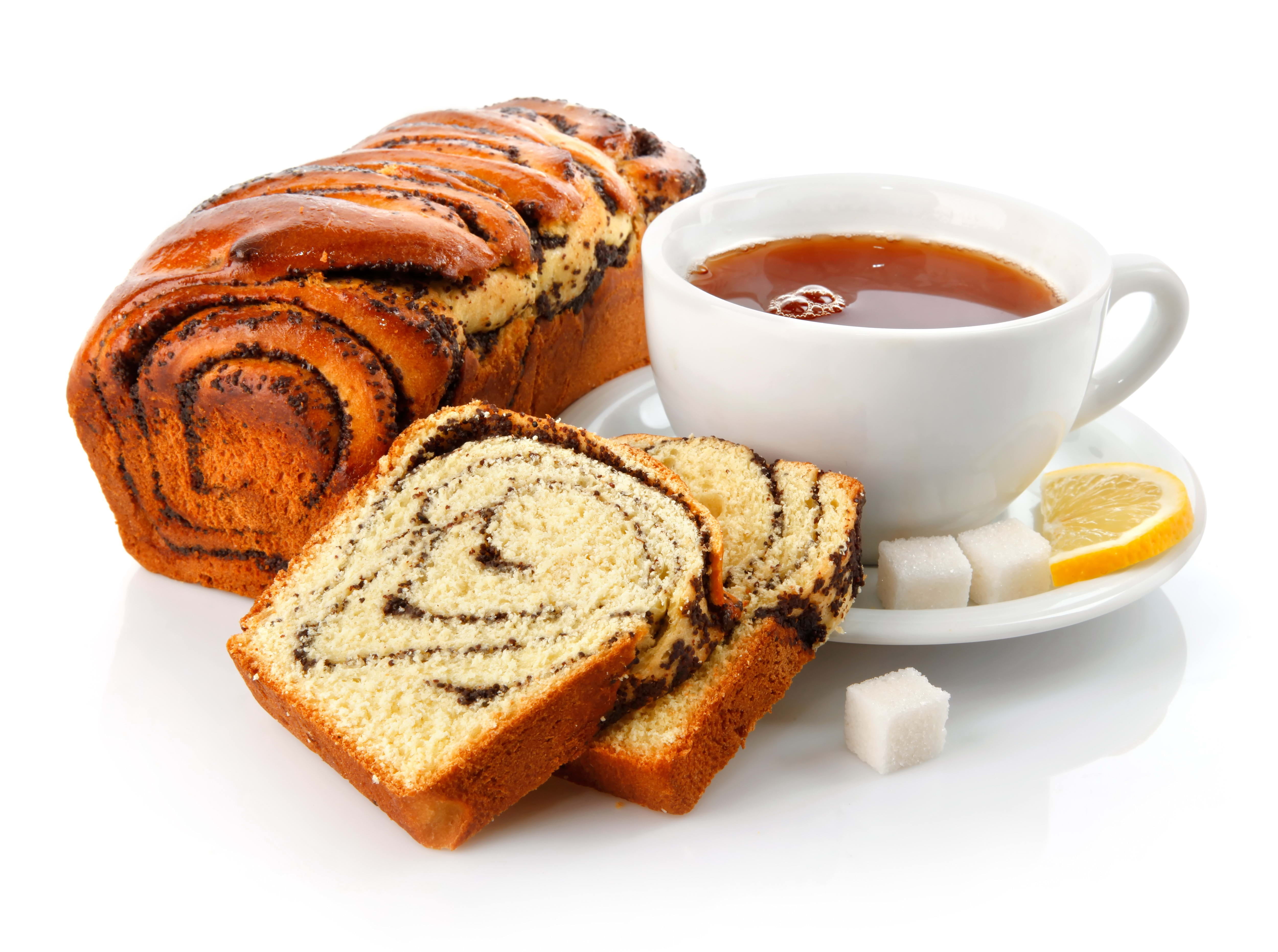 breads, ceramic cup and saucer, tea, poppy, breakfast, sugar