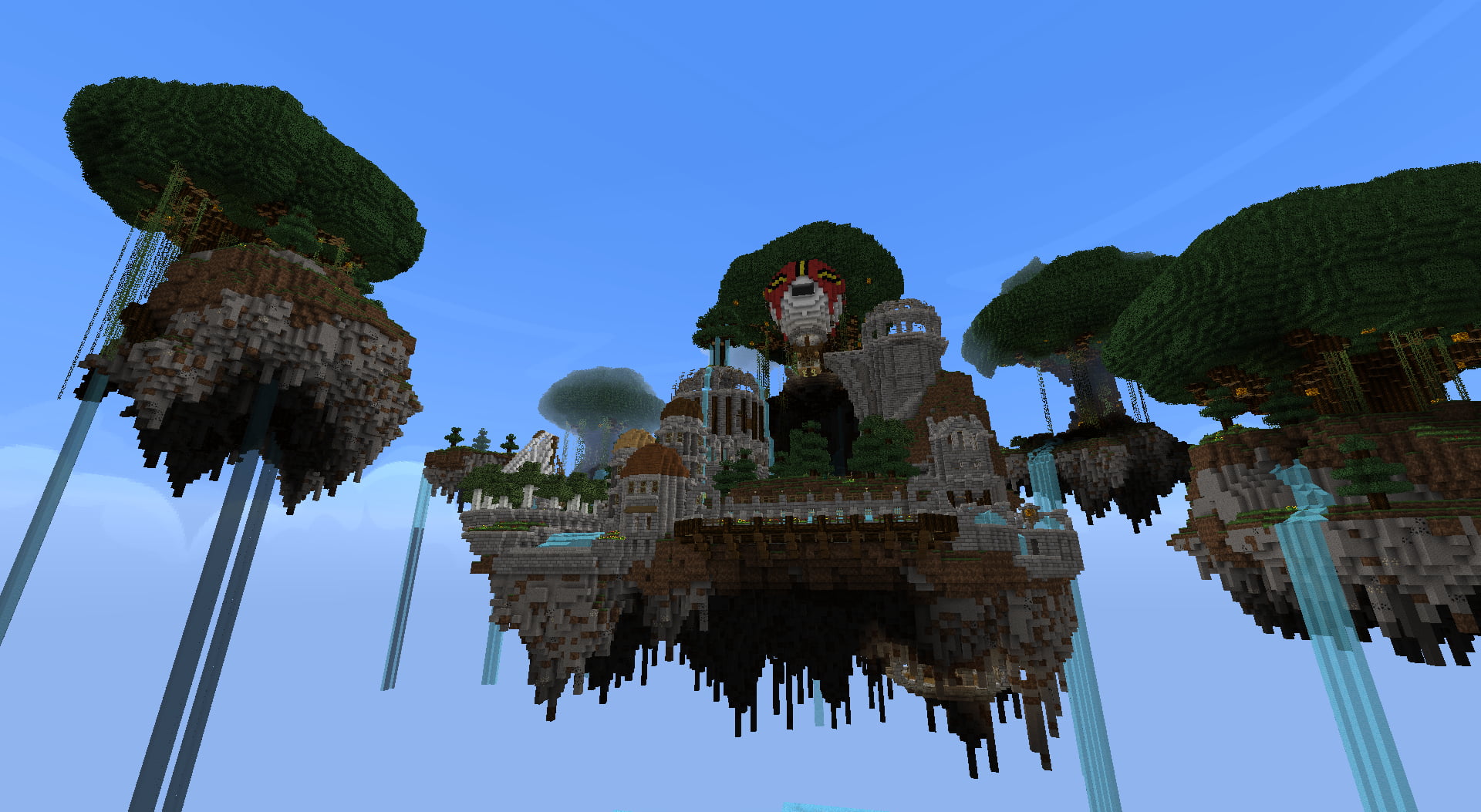 floating islands digital wallpaper, Minecraft, waterfall, video games