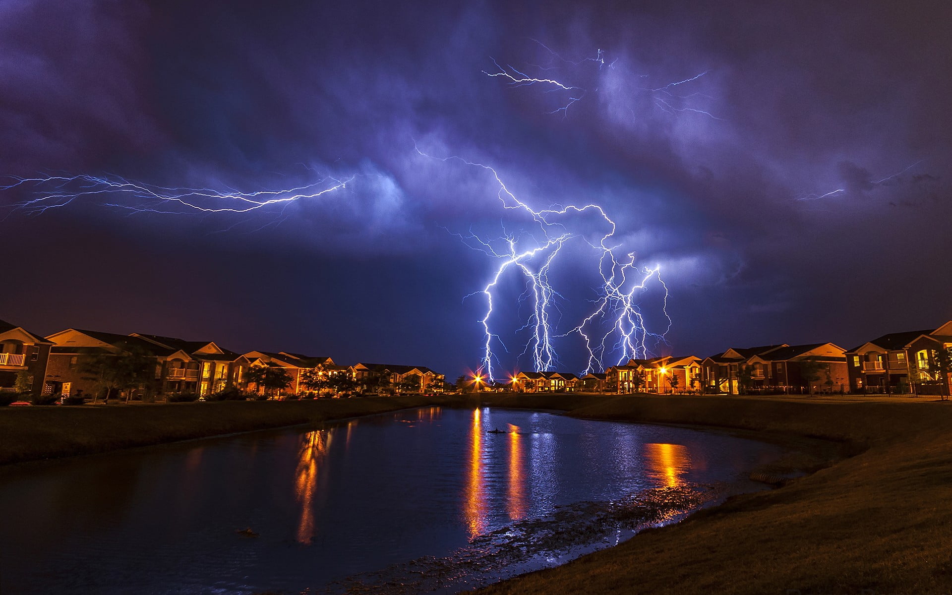 landscape, lightning, house, reflection, water, storm, Oklahoma
