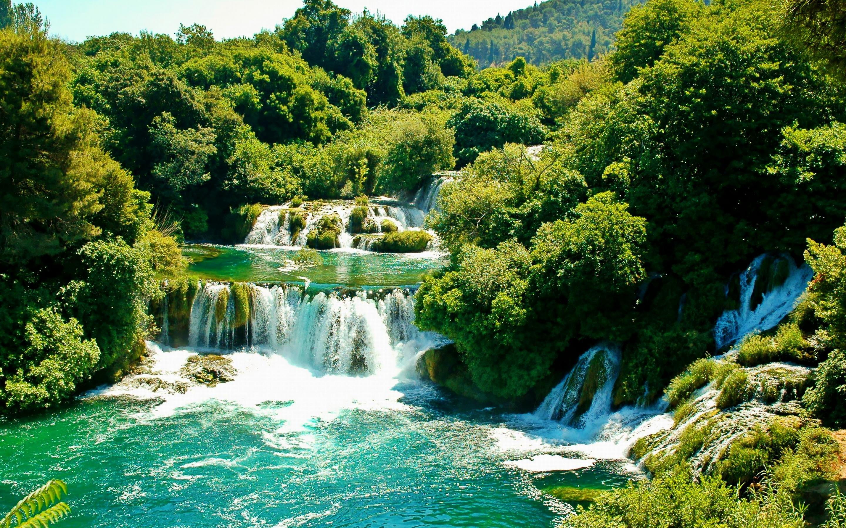 cascading falls, greens, trees, waterfall, Sunny, Croatia, Krka National Park