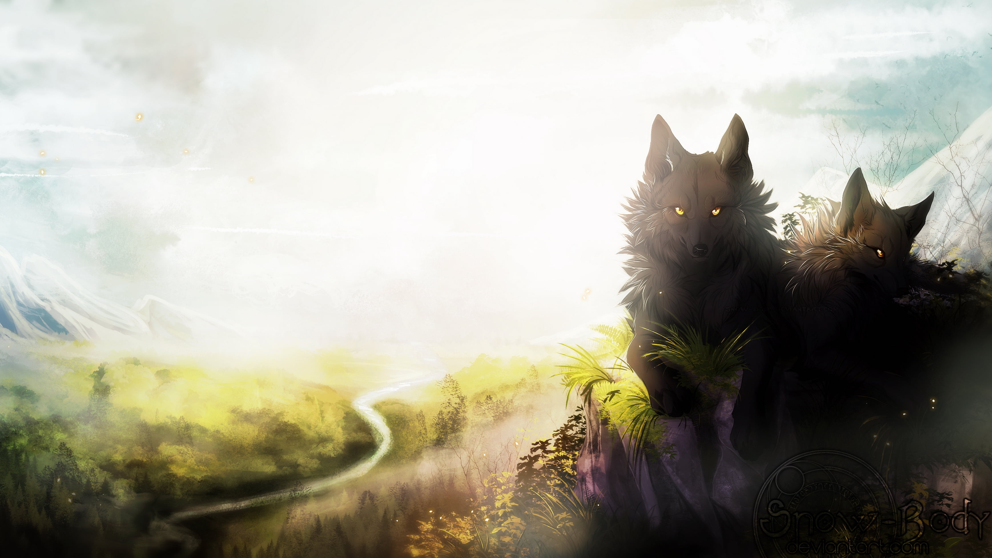 two wolves wallpaper, animals, art, black, wolf, snow body, plant