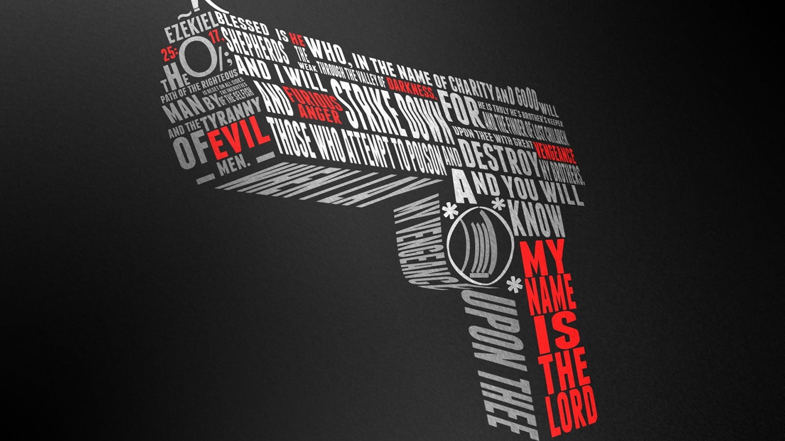 white and red gun illustration, typography, Pulp Fiction, black background