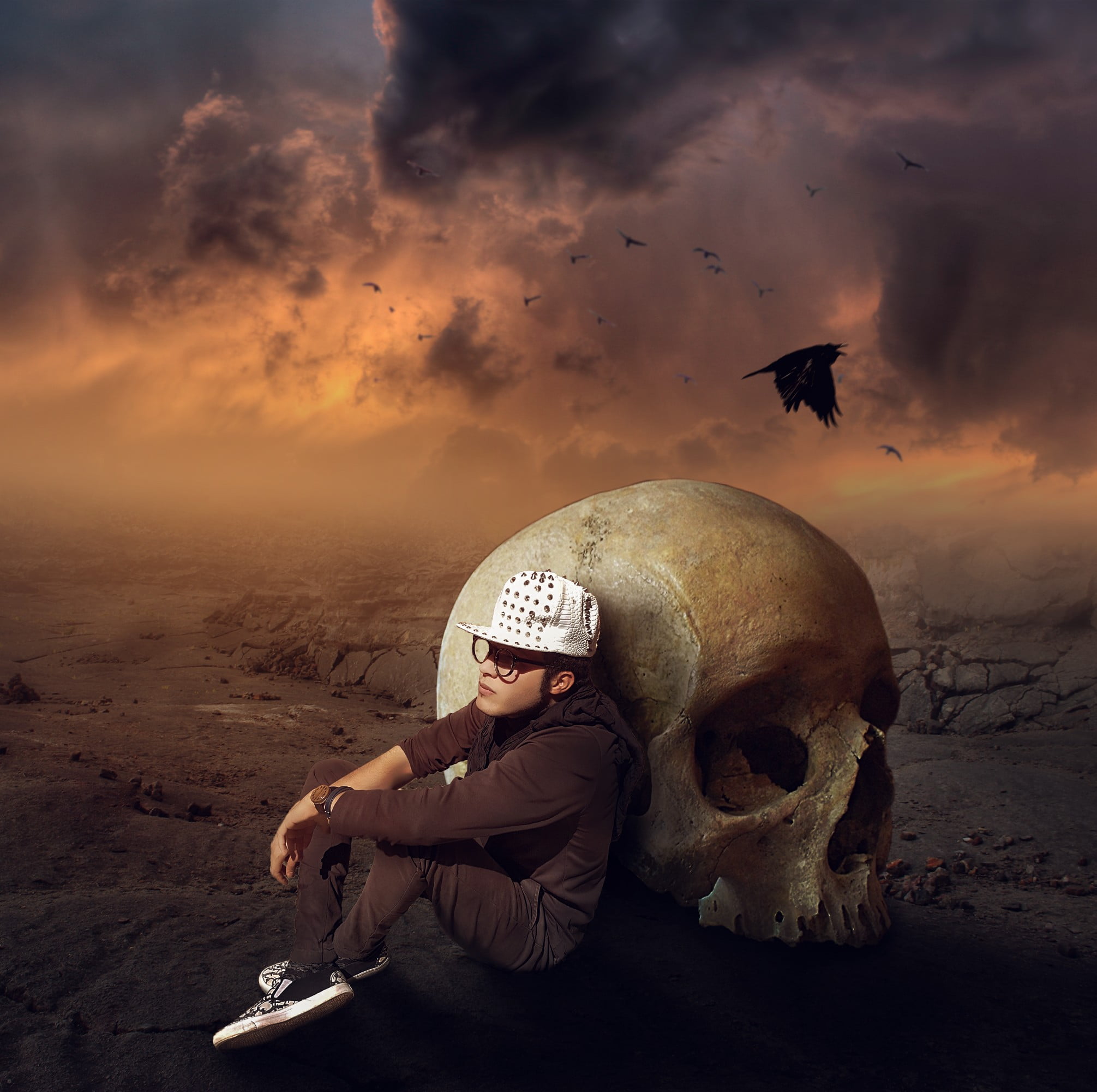 skull, Photoshop, one person, sky, nature, cloud - sky, full length
