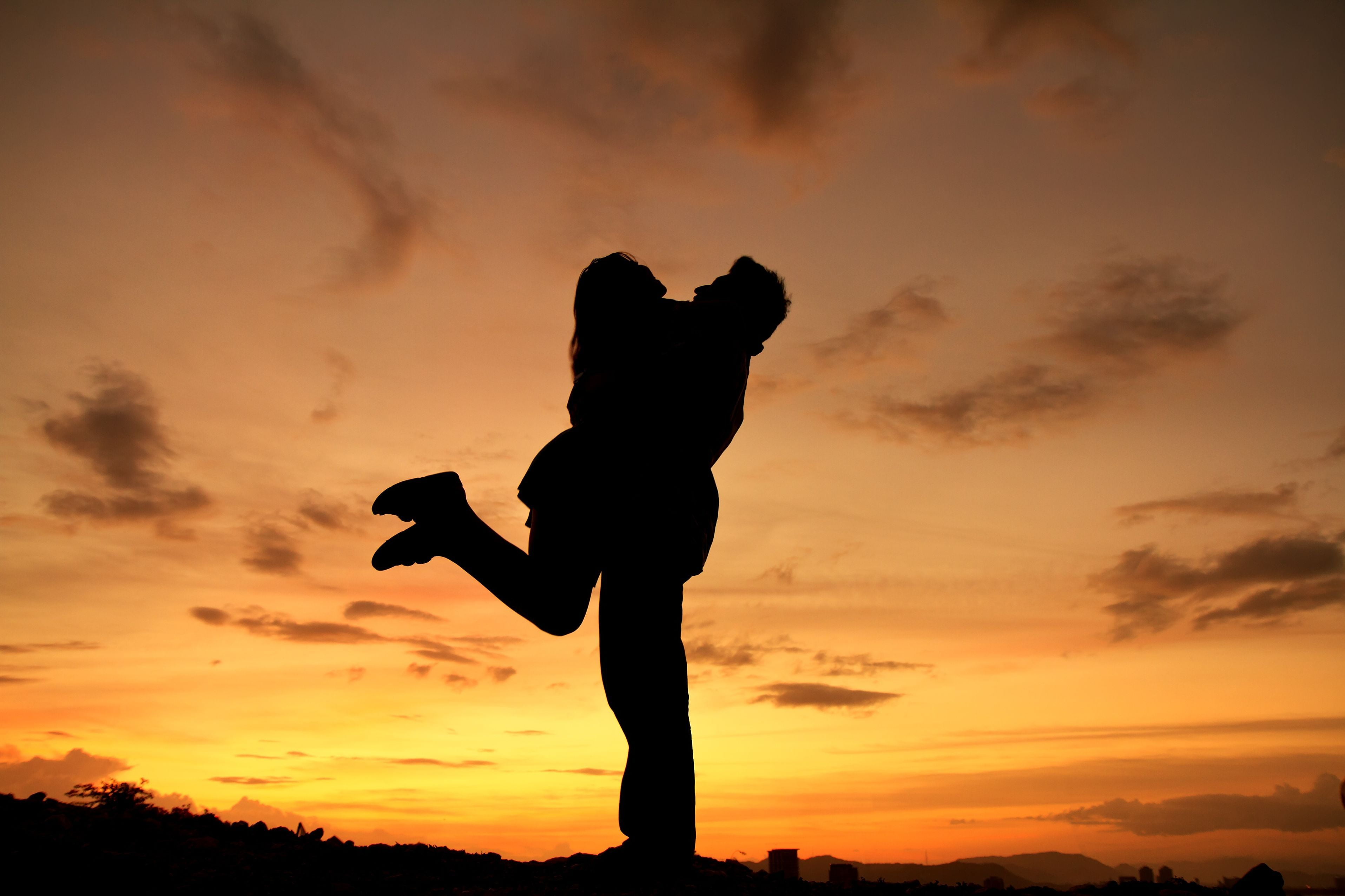 silhouette of woman and man, the sky, girl, clouds, love, sunset