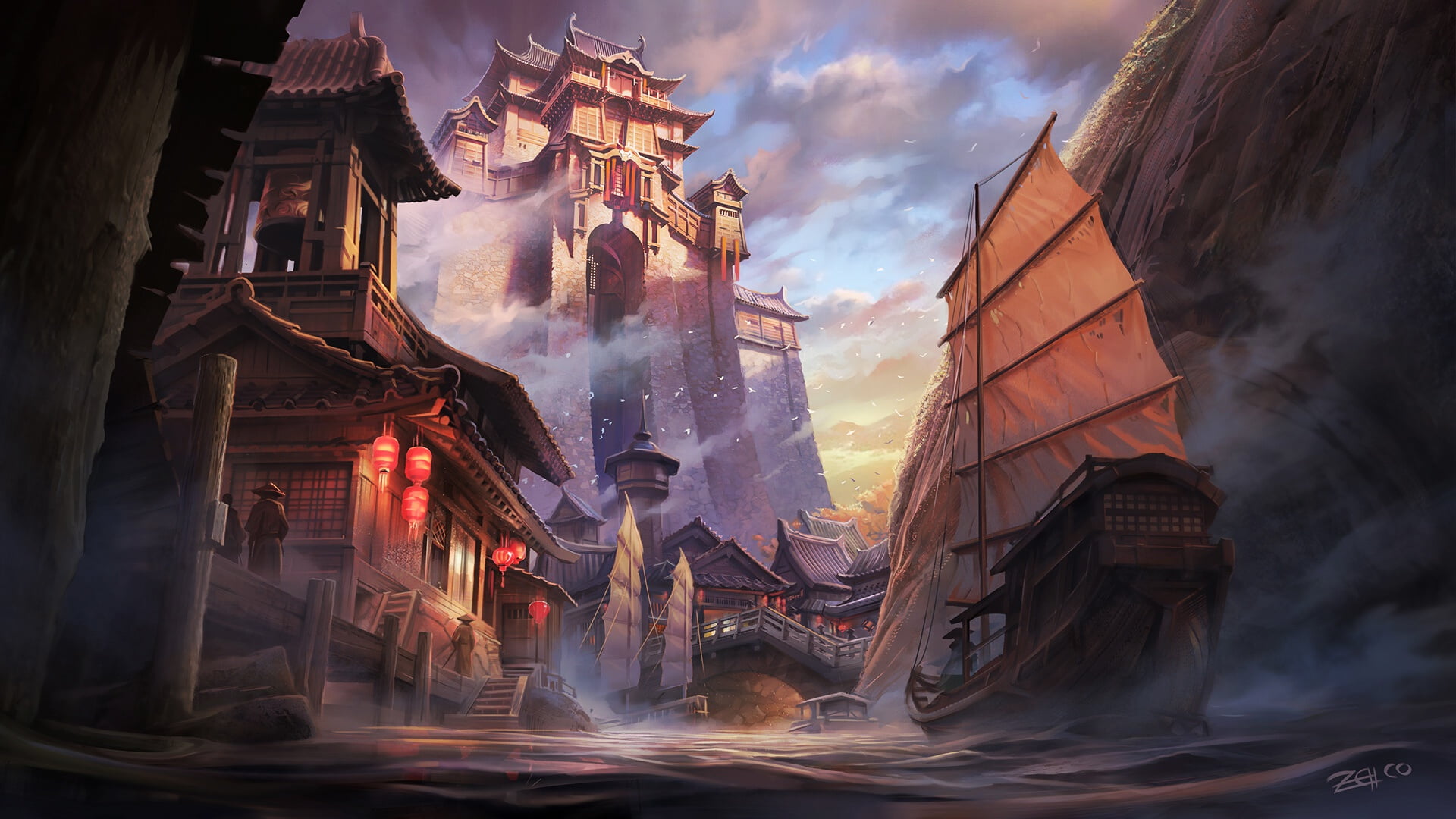 artwork, fantasy city, ship, fantasy art, palace, Asia, Chinese architecture