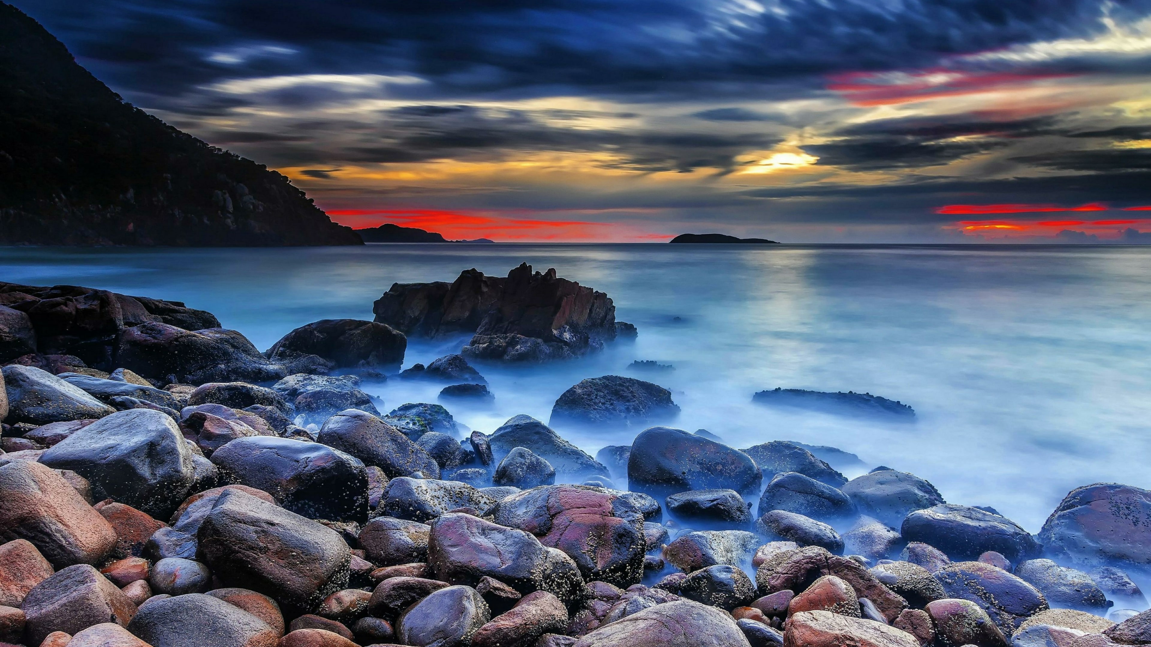 stones, nature, shore, sea, water, sky, coast, rock, twilight