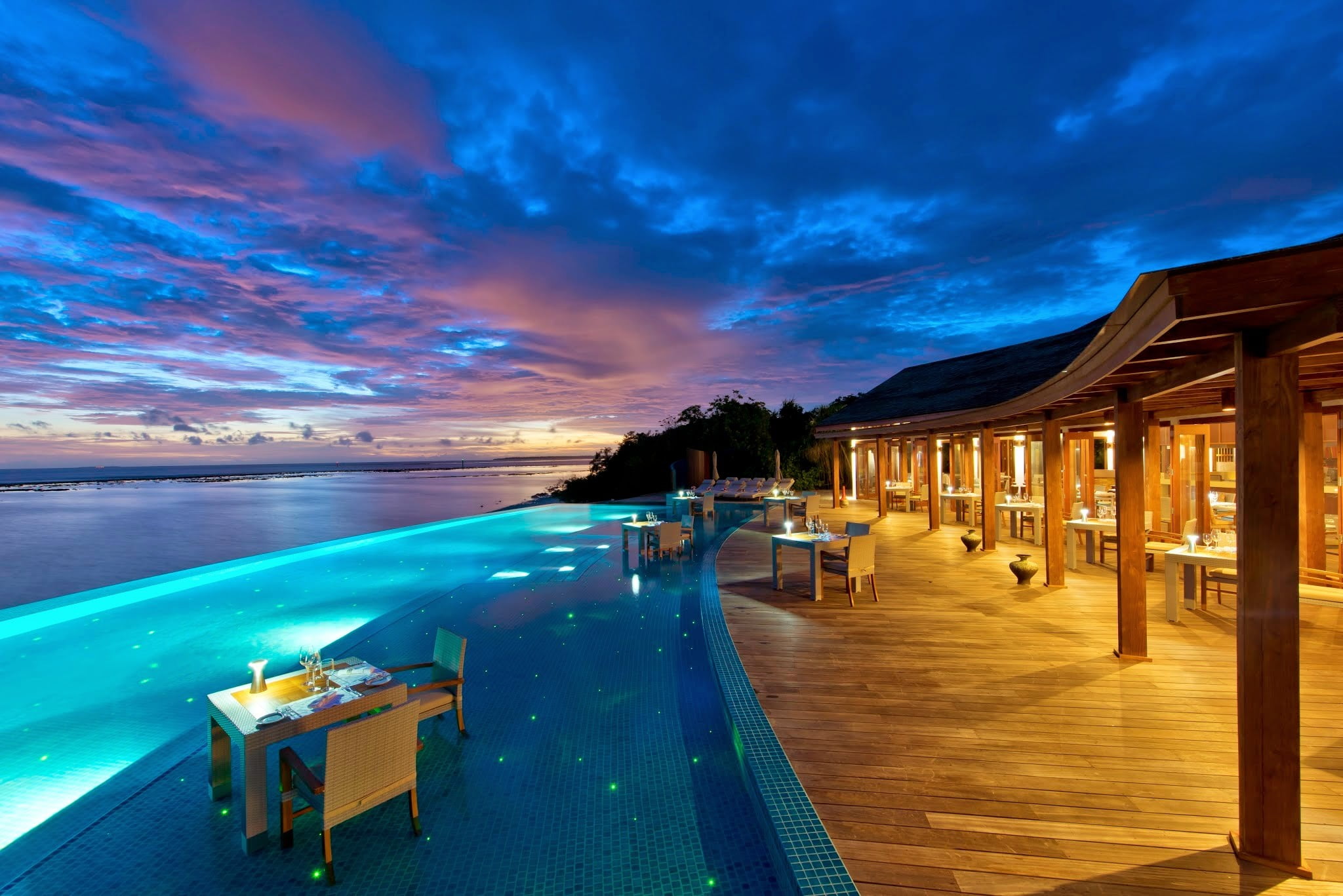 white metal table, holiday, sunset, resort, sea, swimming pool