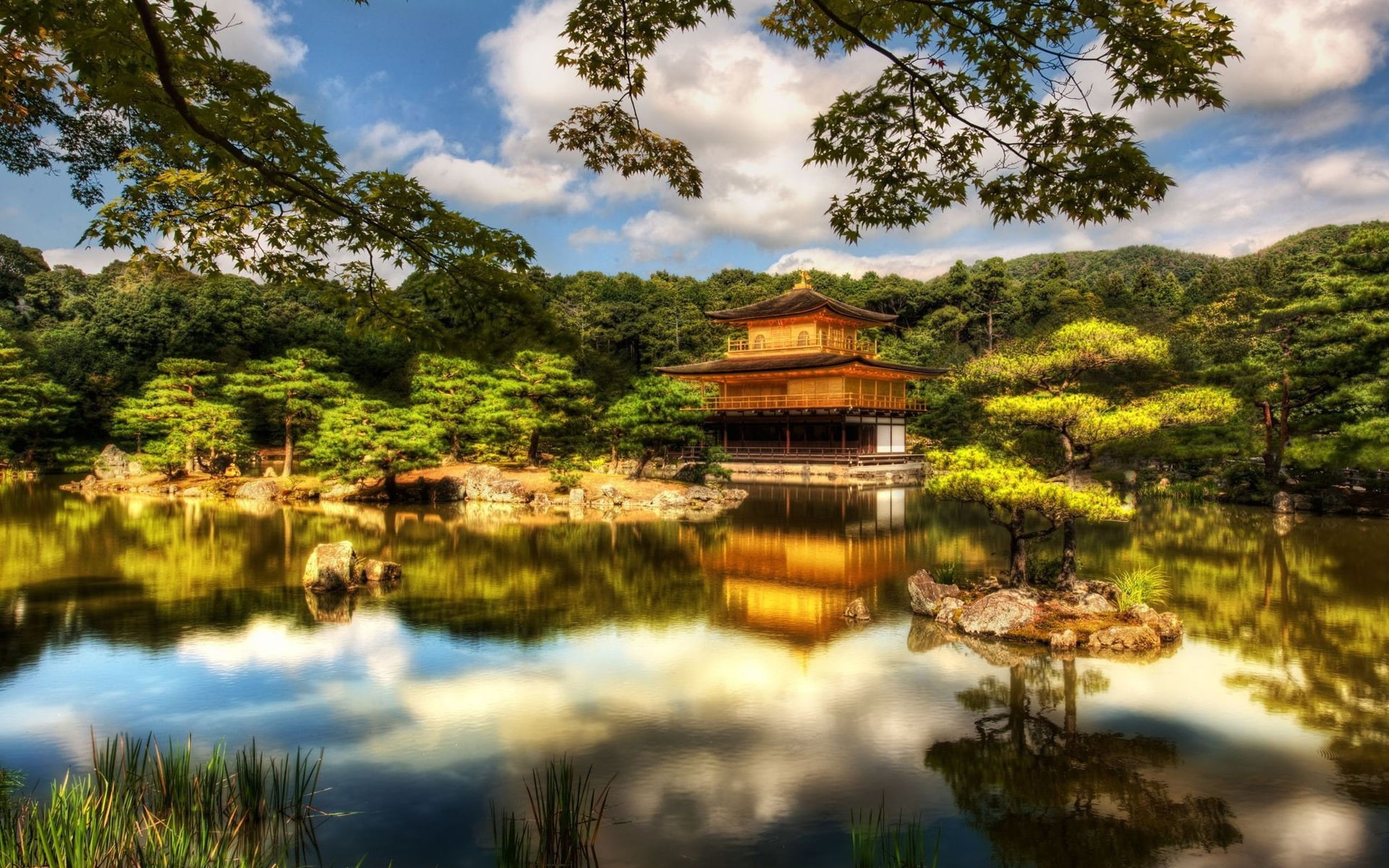 Temple, pavilion, Kyoto, Japan, trees, lake, landscape photography of floating bungalow