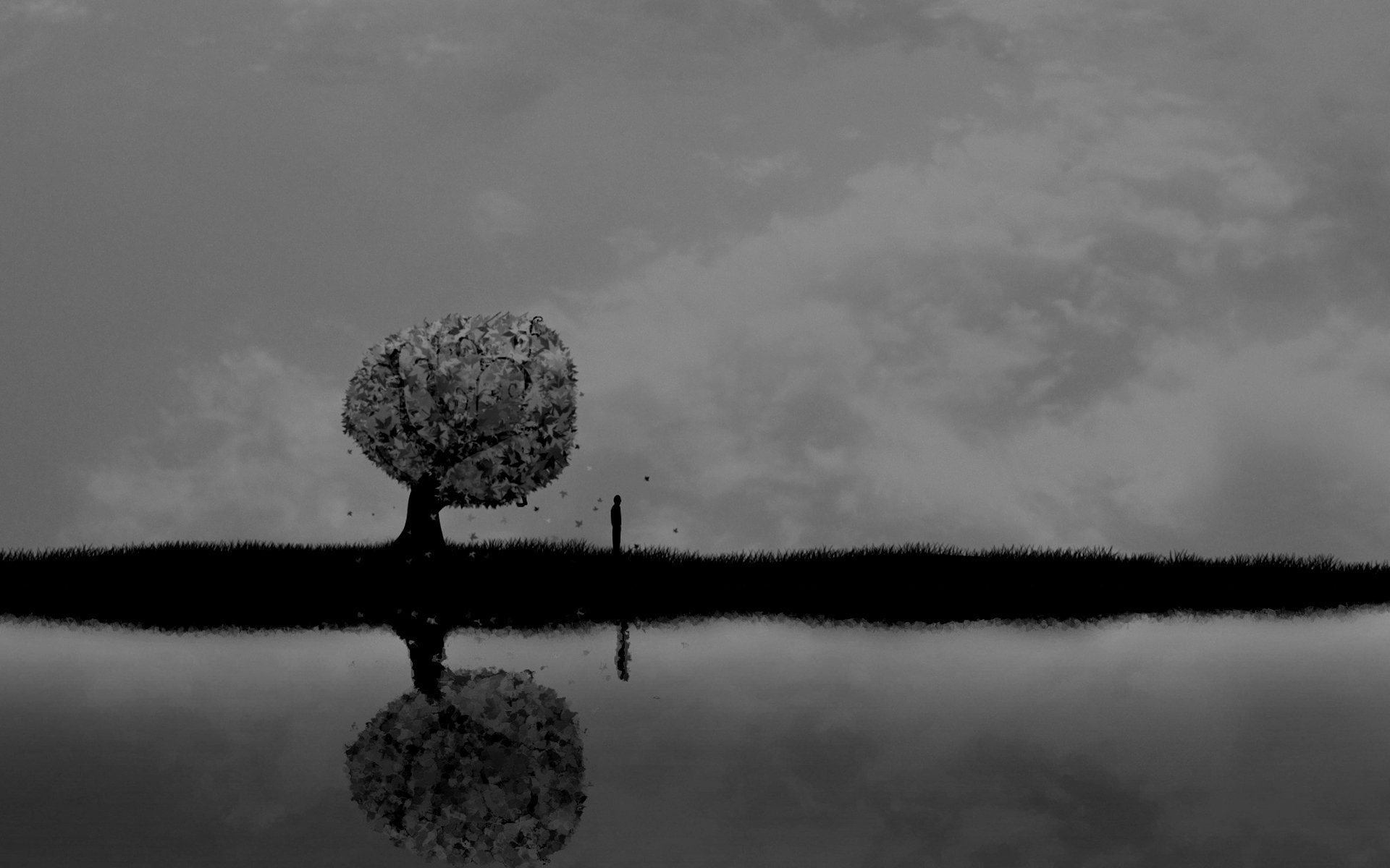 Alone, art, clouds, Dark, horror, lakes, mood, People, reflection