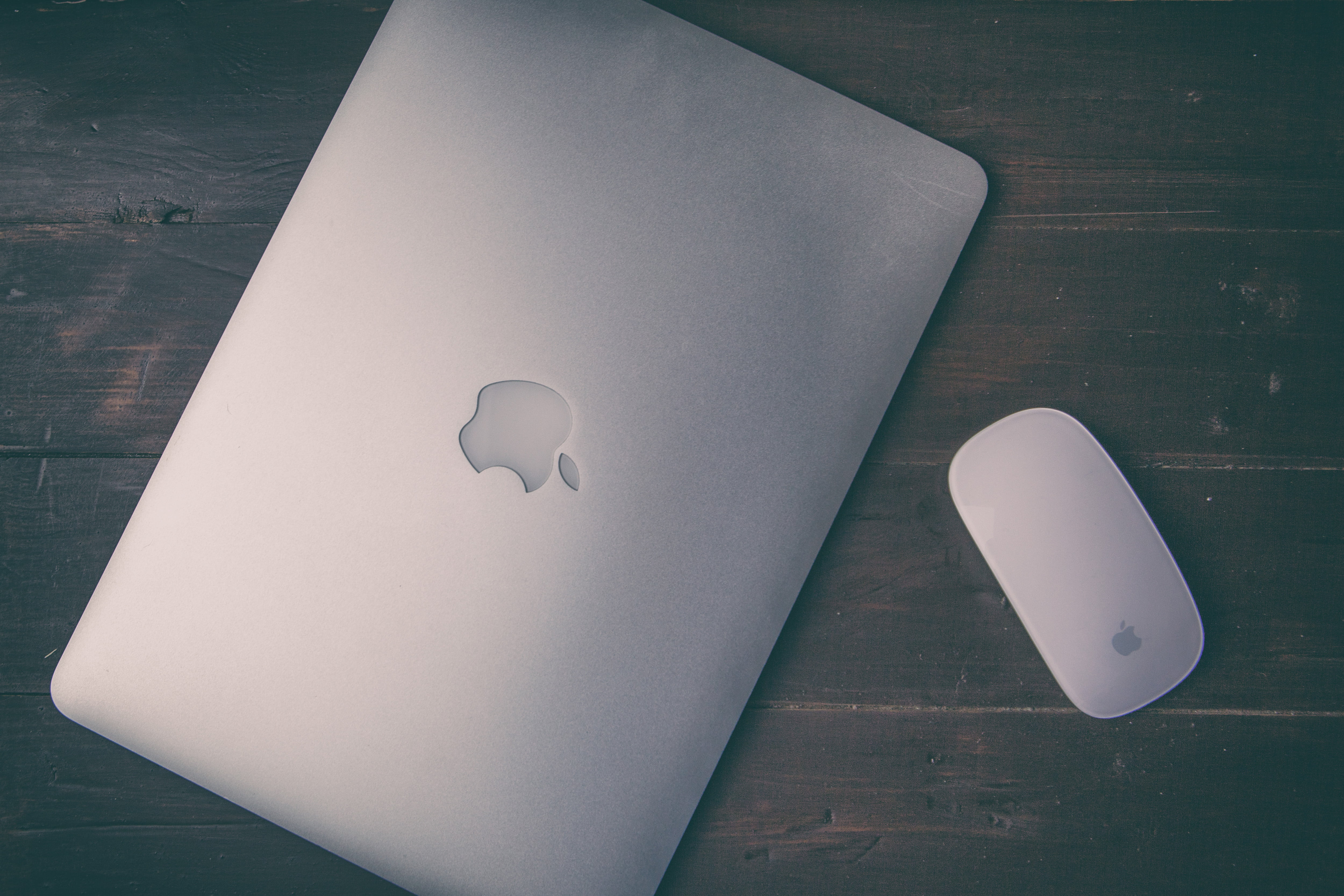 silver MacBook and Apple Magic Mouse, wood - Material, technology
