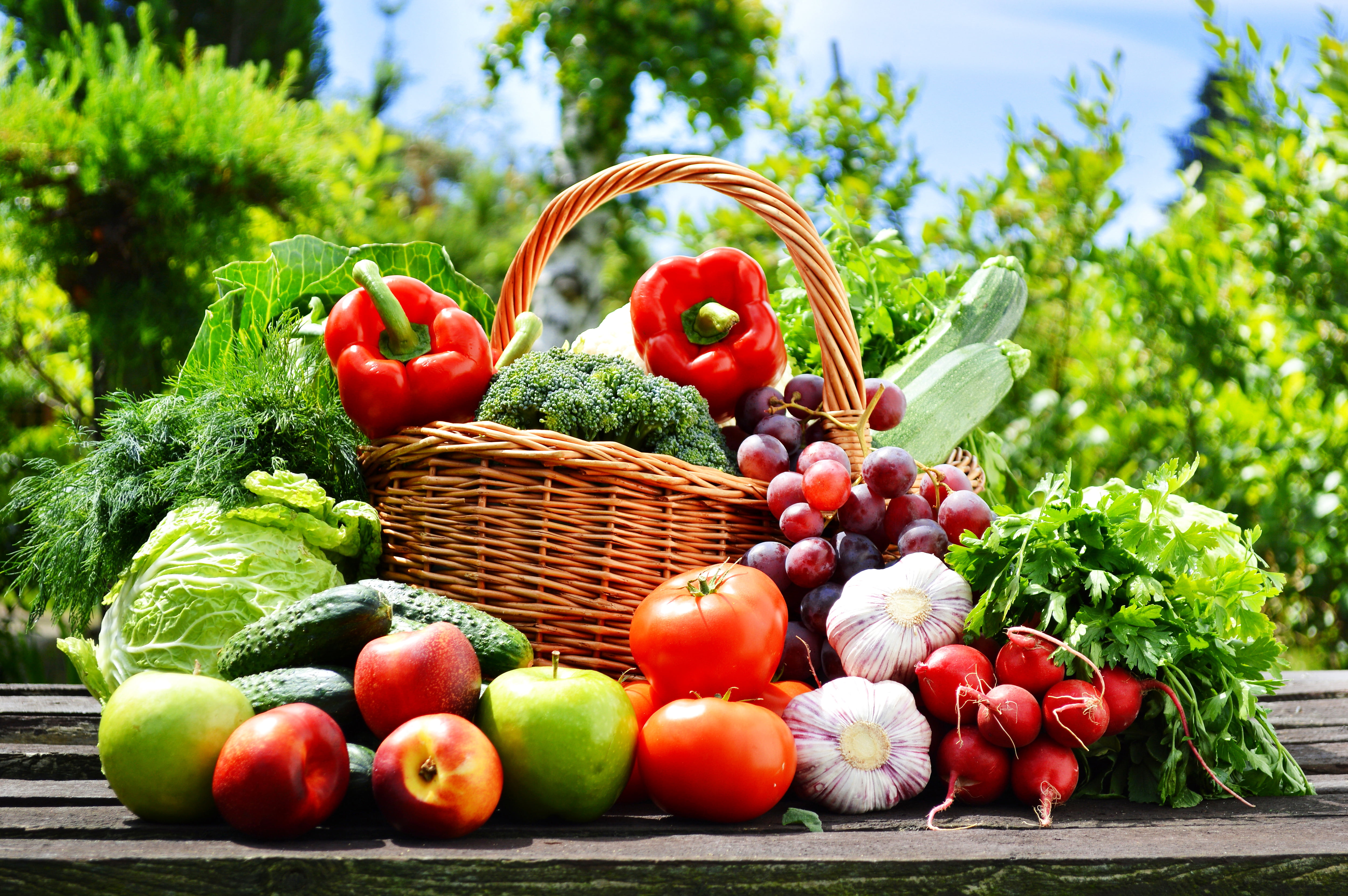 assorted fruits and vegetables, nature, basket, apples, grapes