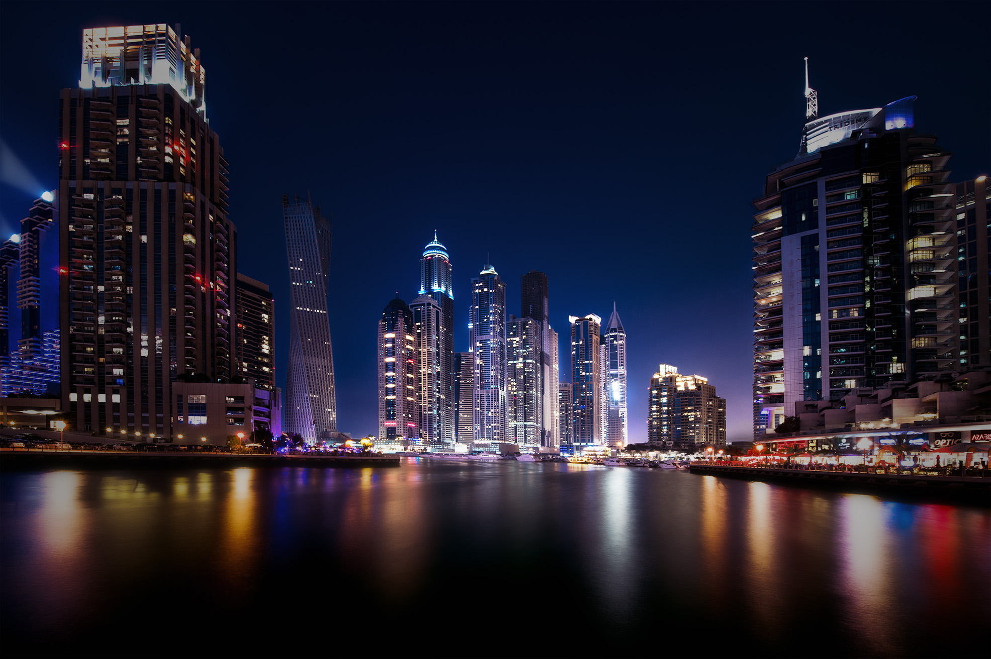 reflection, night, the city, lights, Dubai, skyscrapers, UAE