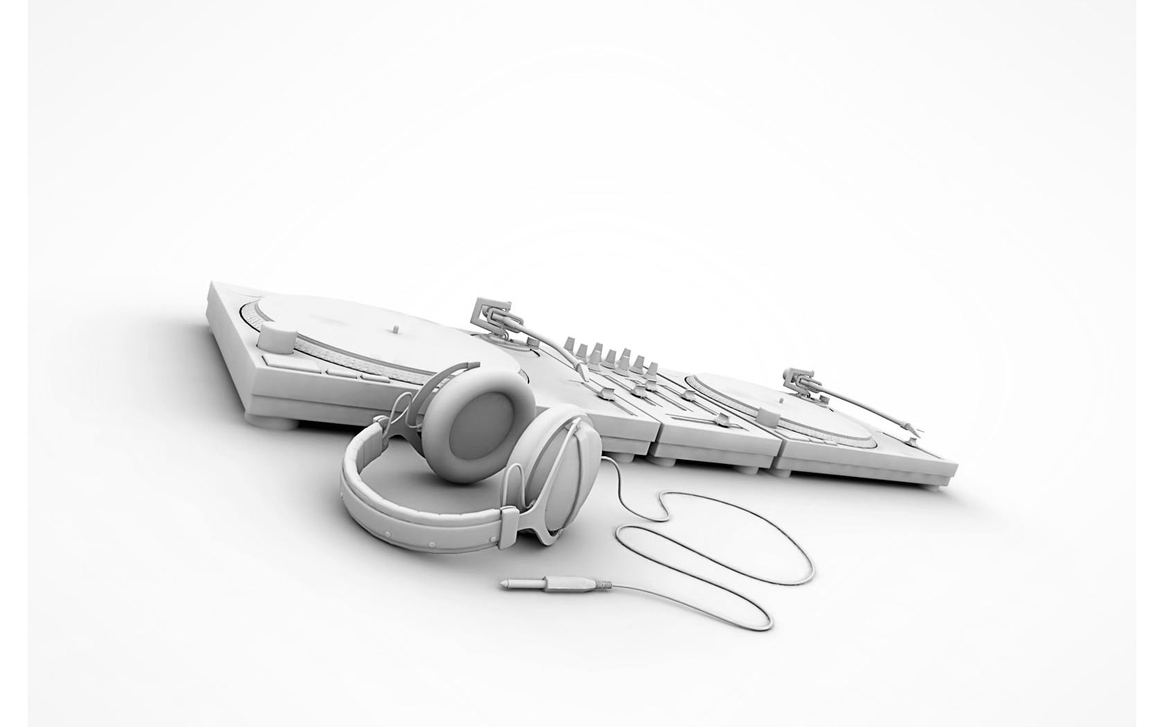 gray DJ controller and headphones, music, studio shot, white background