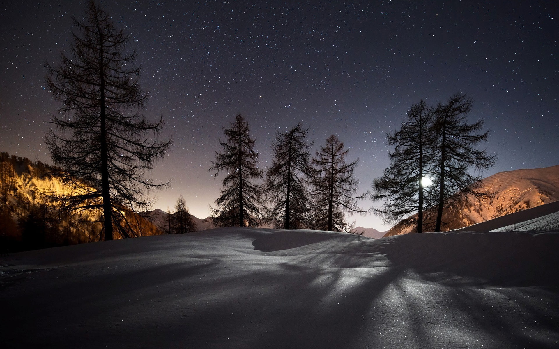 Night, winter, snow, mountains, trees, stars, nature landscape