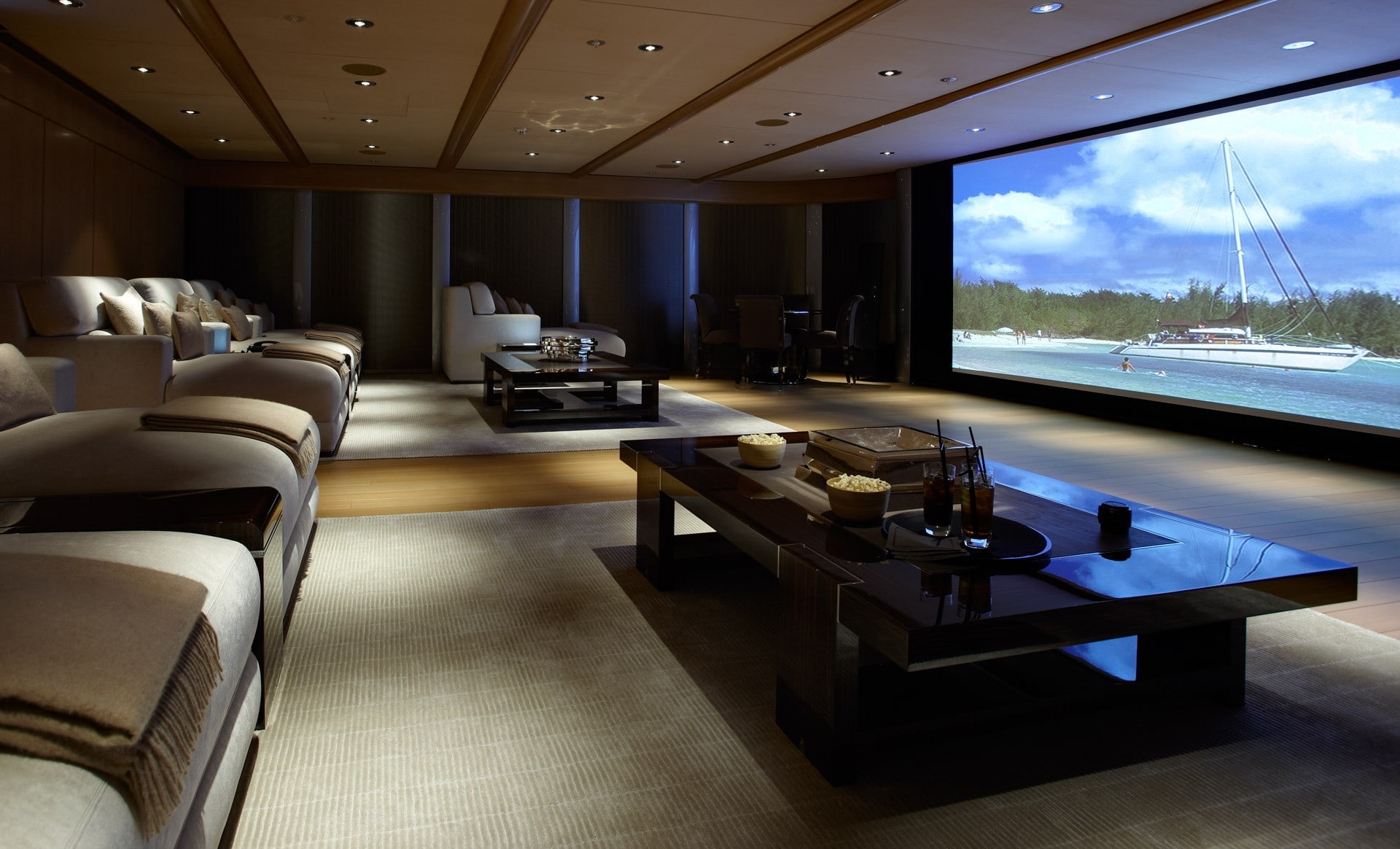 Interior, Home, Cinema, Sofas, Cushions, Tables, Lighting, Screen
