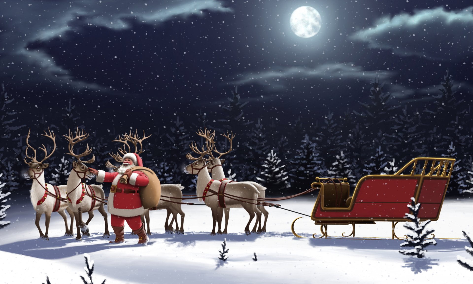 Holiday, Christmas, Moon, Night, Reindeer, Santa, Sleigh, Snowfall
