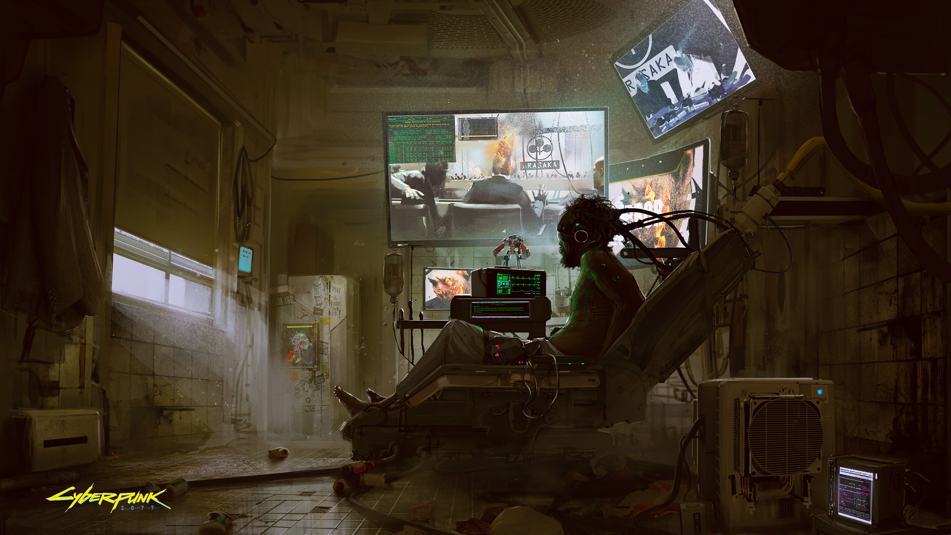 man lying on chair wallpaper, cyberpunk, Cyberpunk 2077, cyborg