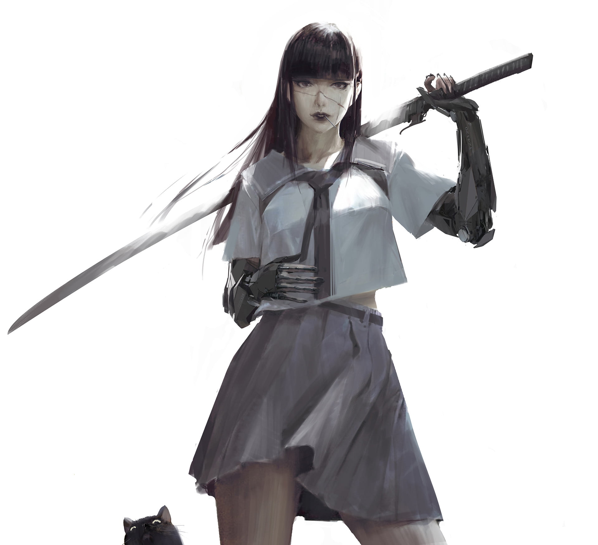 anime, anime girls, illustration, simple background, cats, samurai