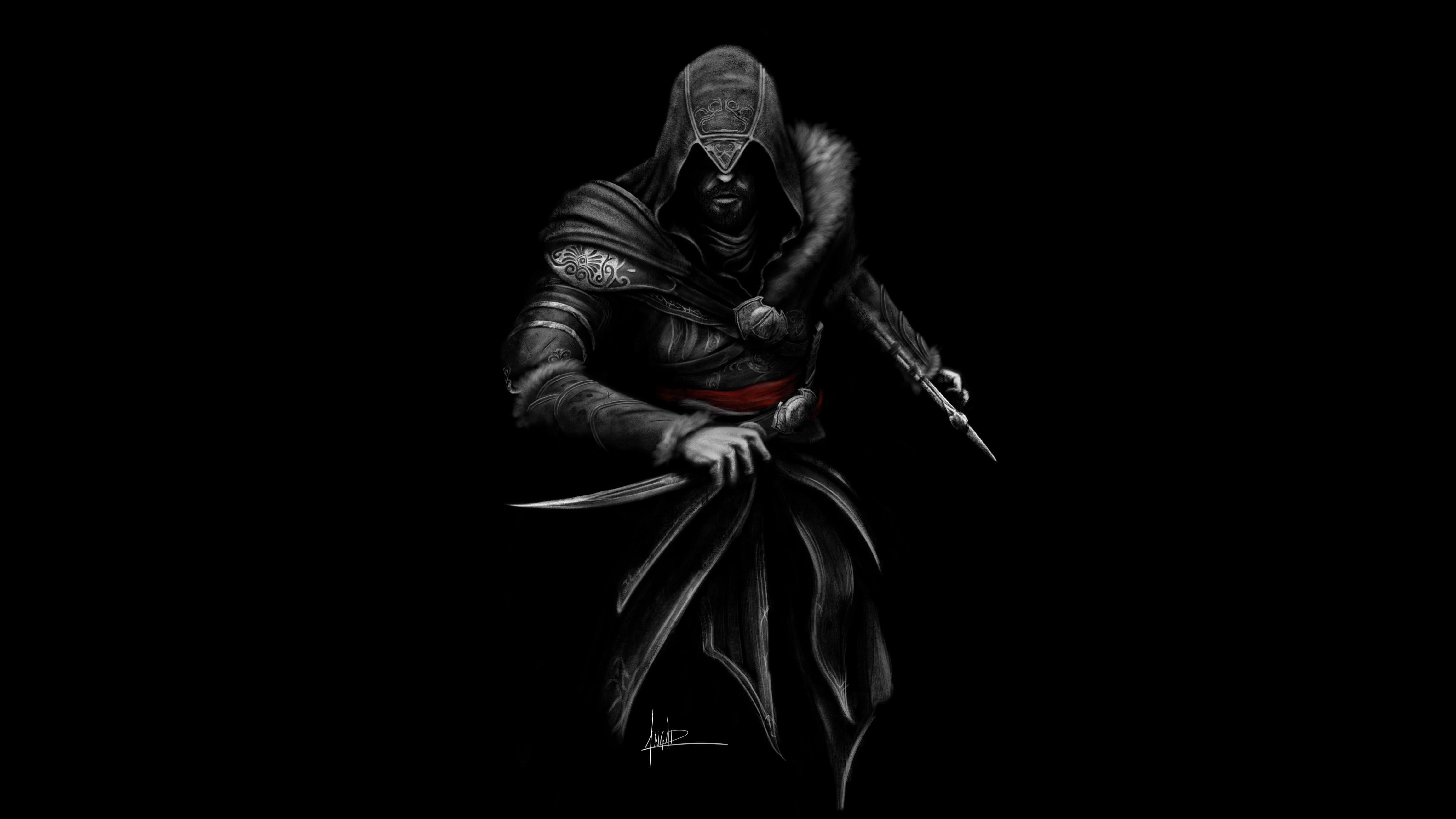 Fan art, Assassins Creed, Dark background, Ezio, Minimal, Black