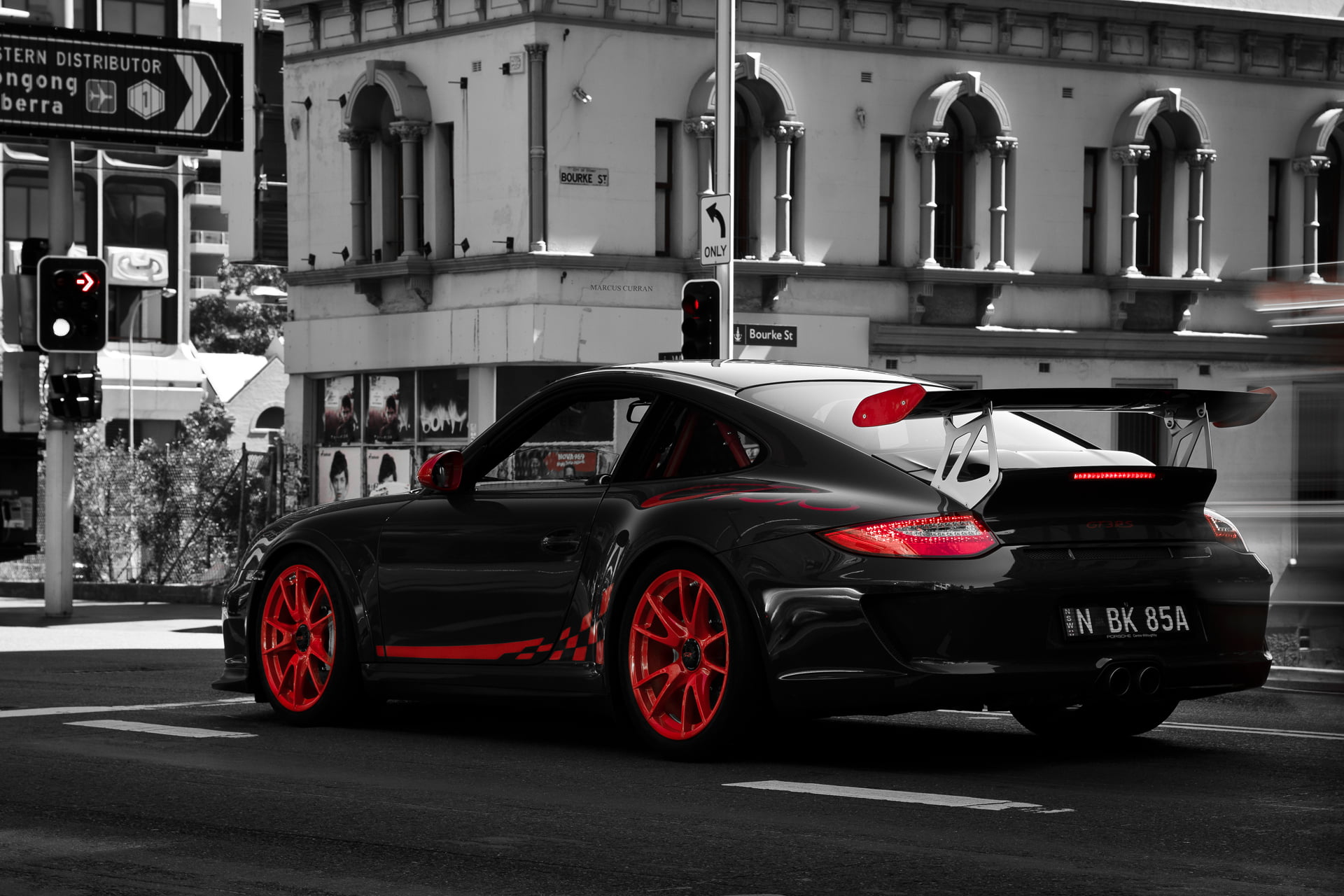 black and red Porsche sports car, photo, 997, b/W, white, details