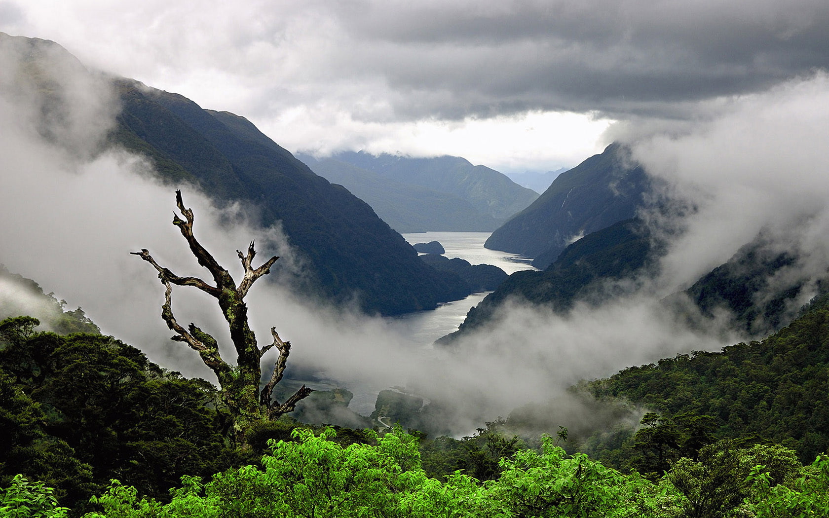 clouds, mountain, river, Trees