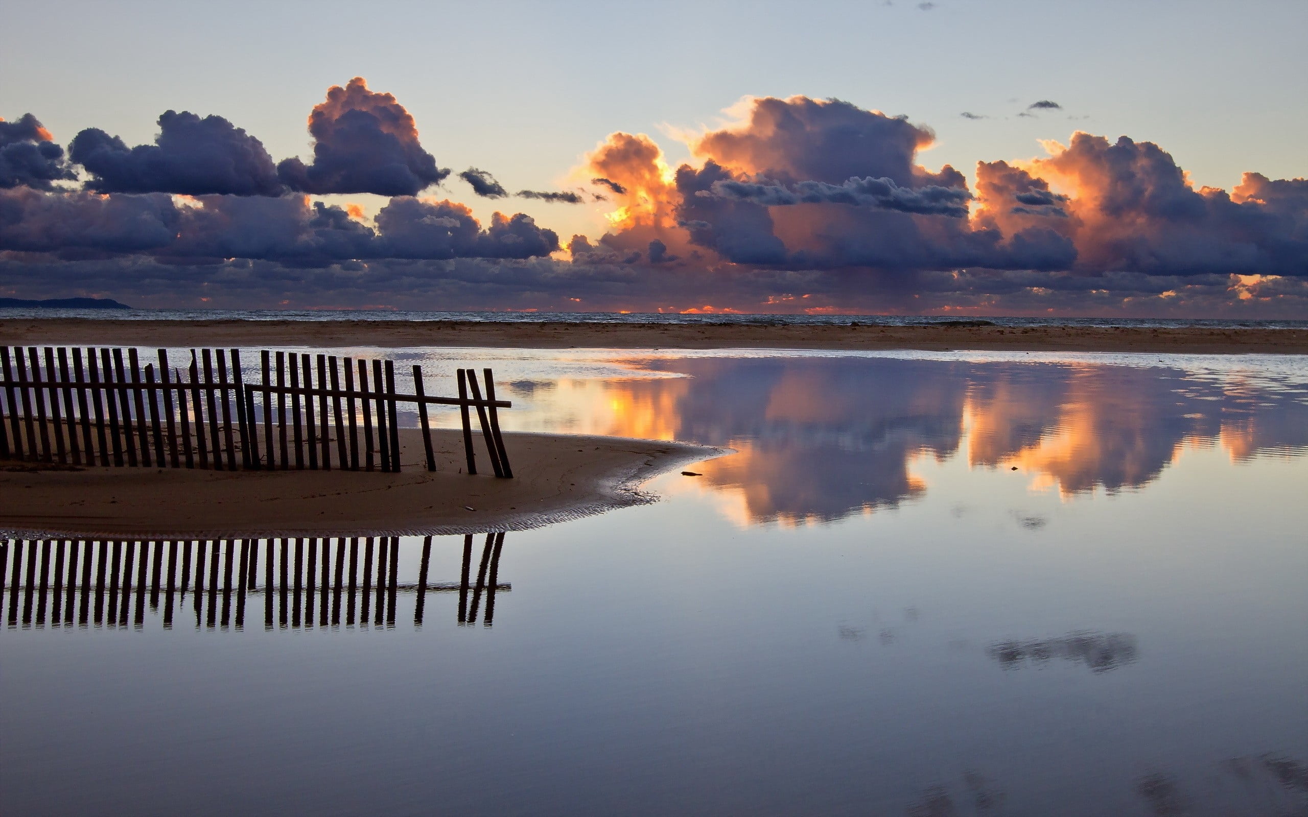brown fence, river, clouds, sky, reflection, water, cloud - sky