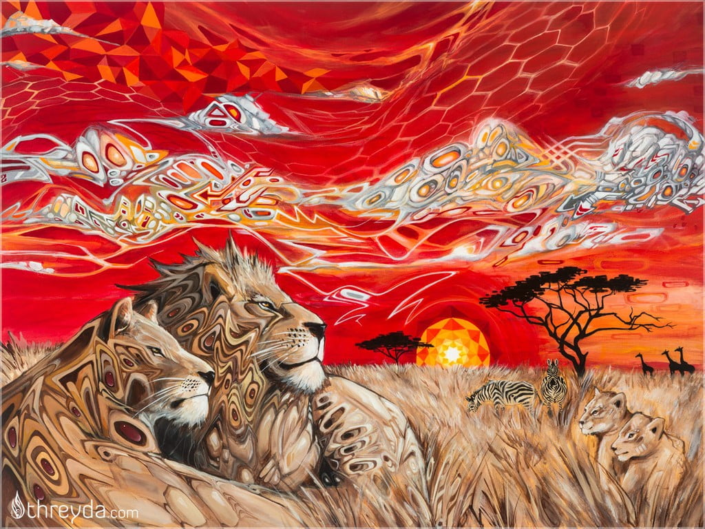 red and white floral textile, abstract, lion, Africa, artwork