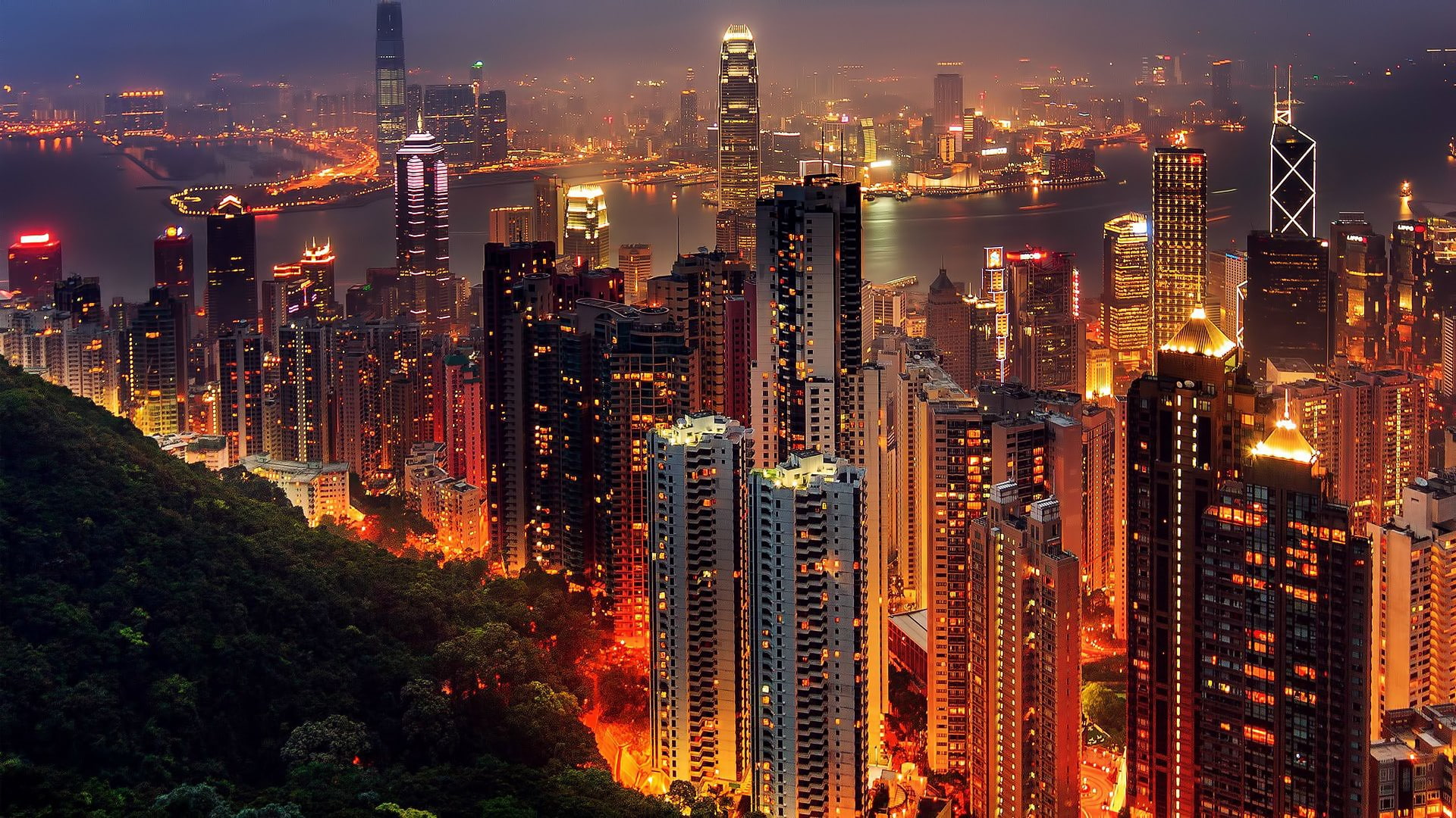 lights, city, China, skyscraper, Hong Kong, cityscape, night