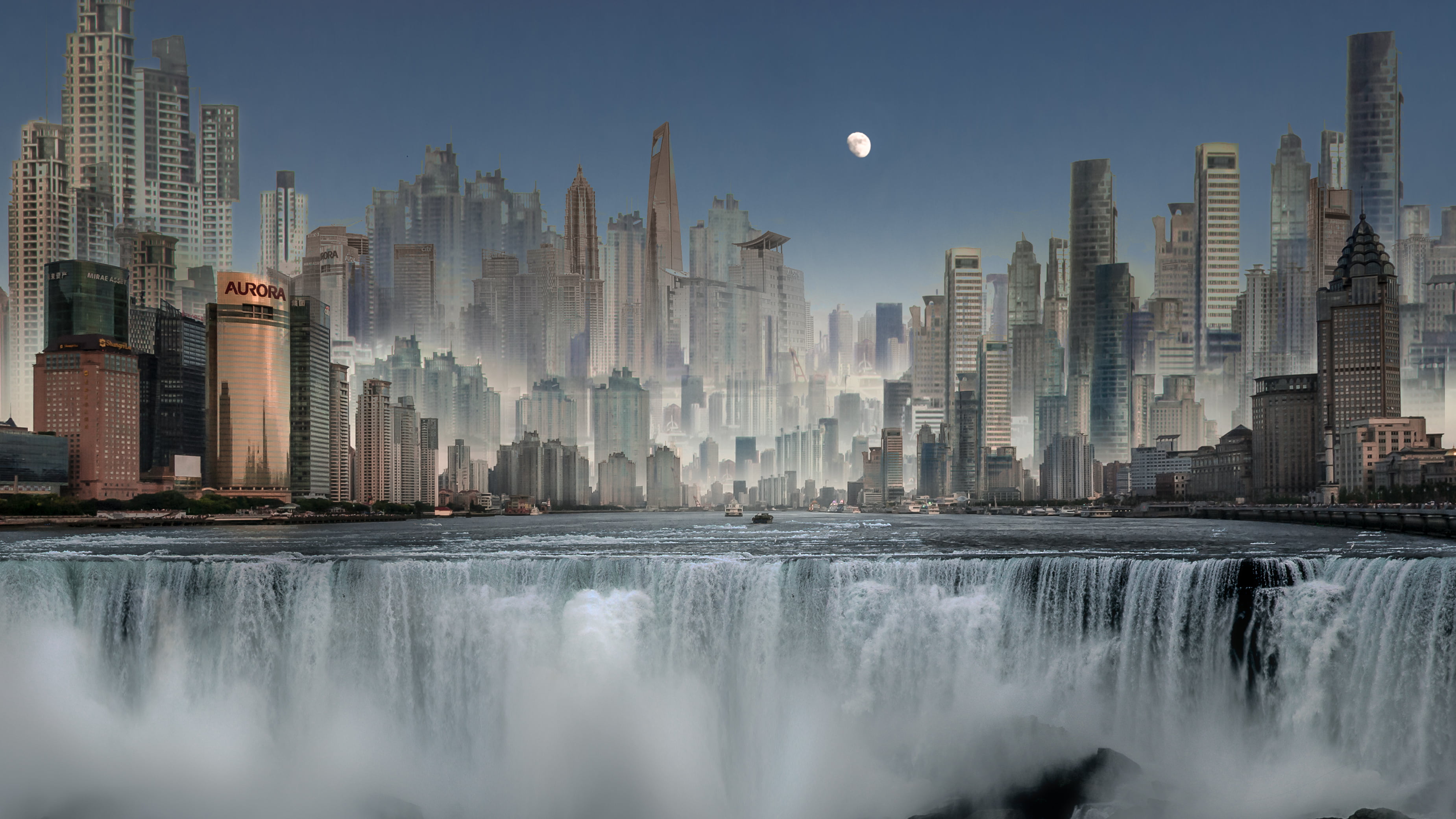water falls photography, Metropolis, waterfall, city, Shanghai