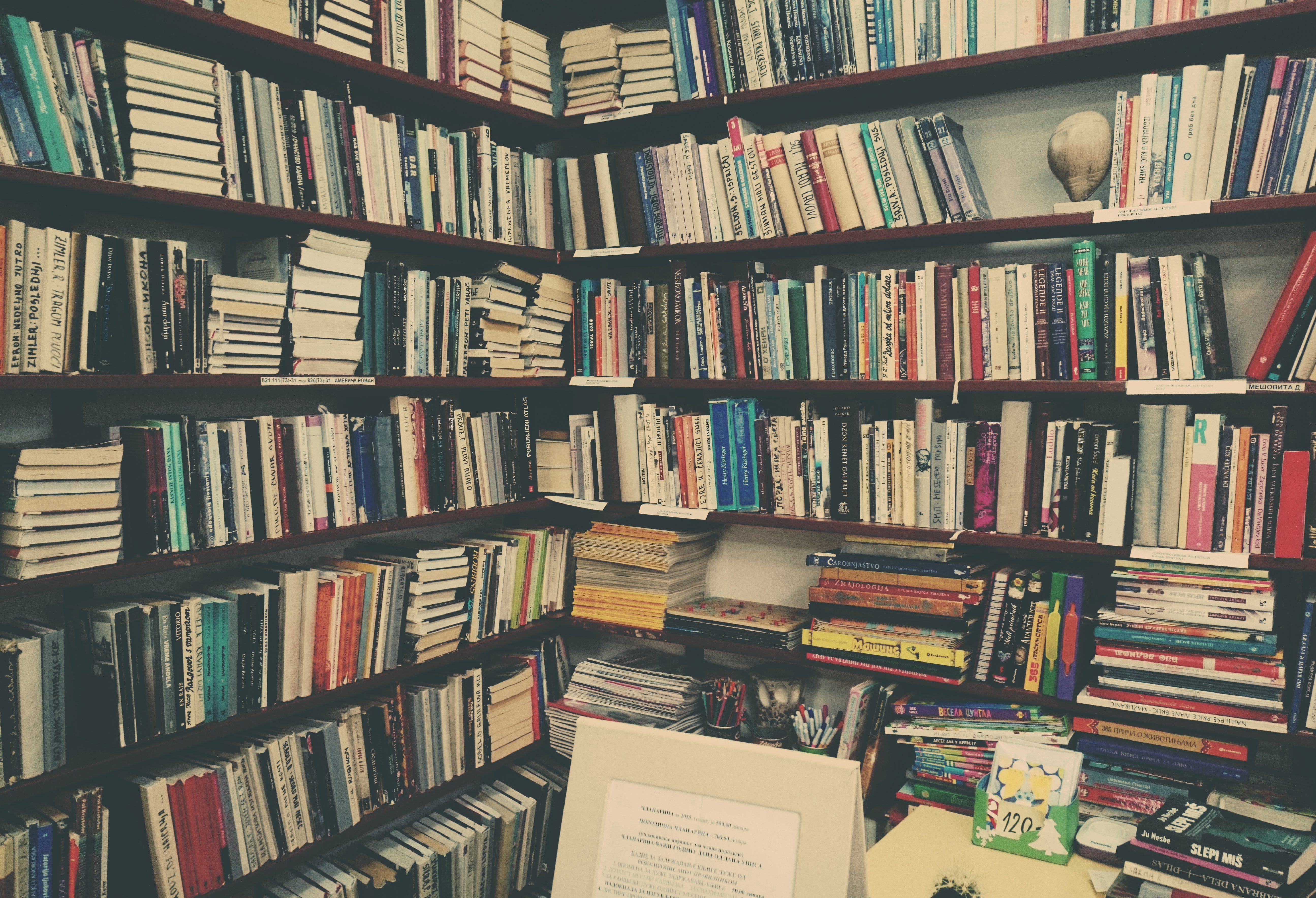 table, books, library