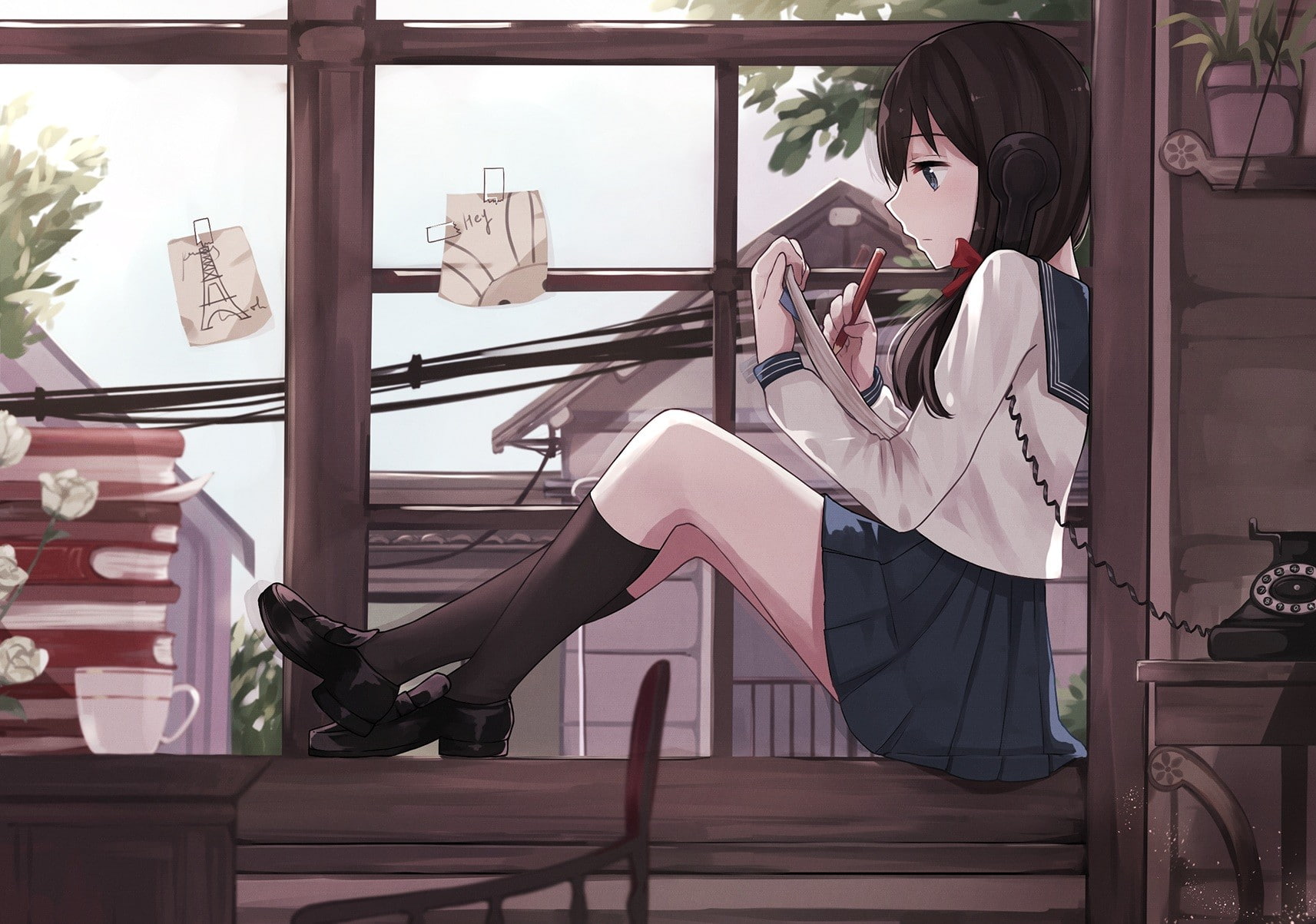 Anime Girls, School Uniform, Phone, Window, 1713x1203