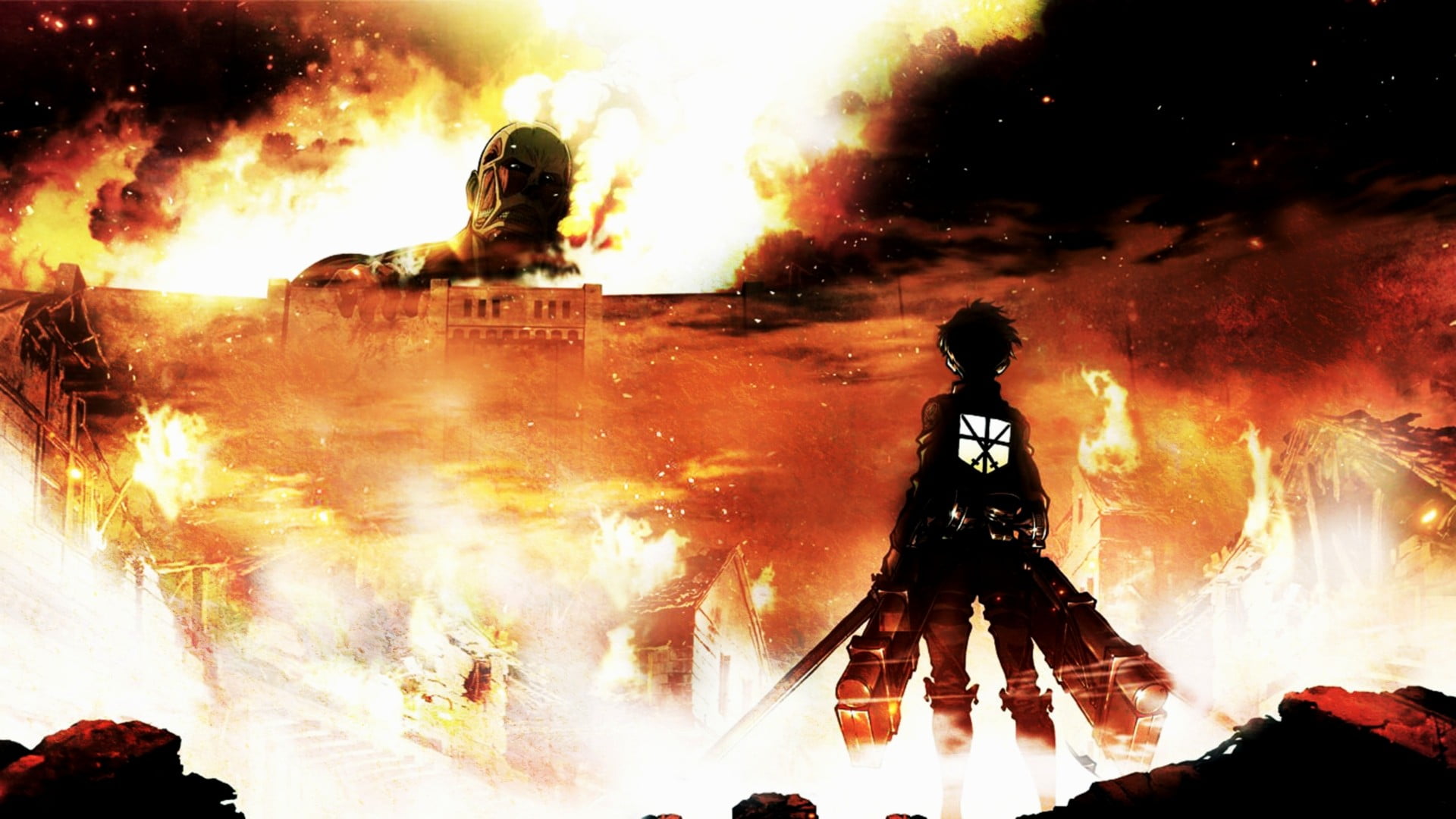 Attack on Titan wallpaper, Shingeki no Kyojin, fire, anime, Colossal Titan