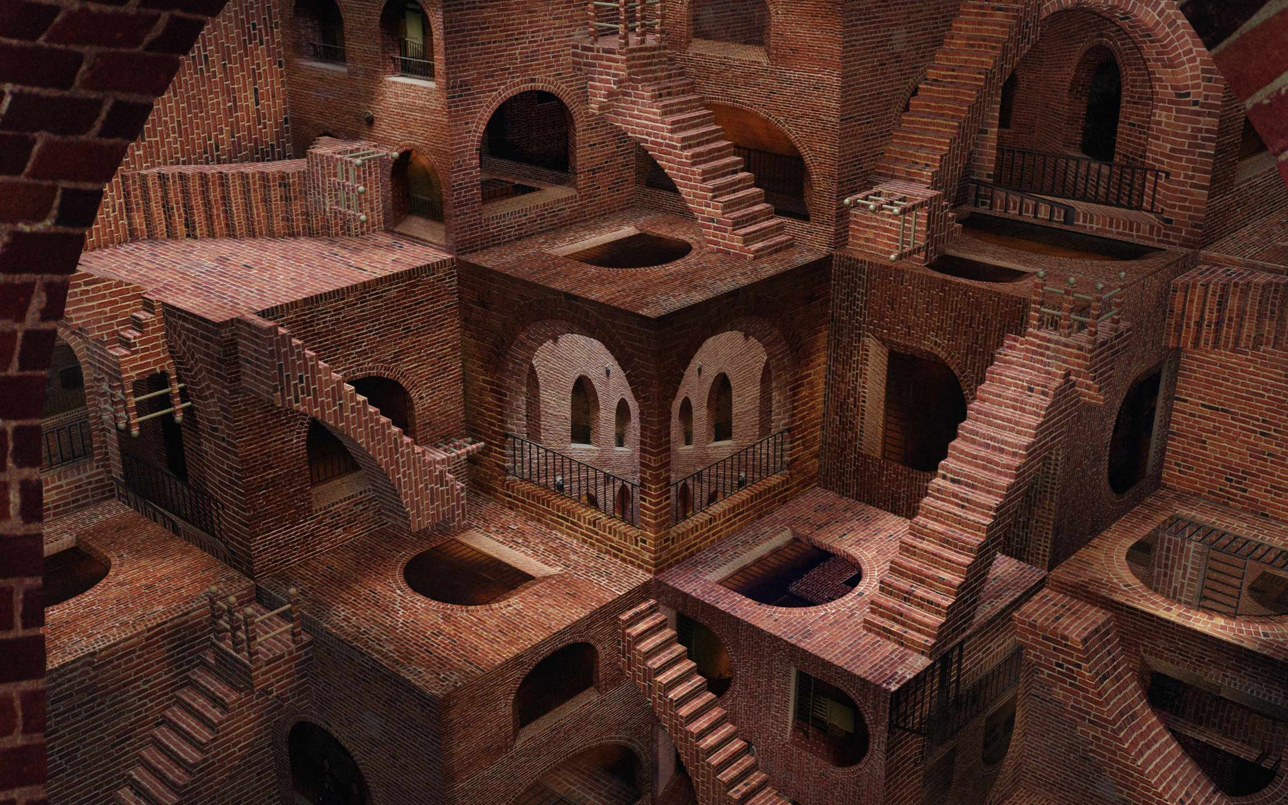 M. C. Escher, bricks, surreal, optical illusion, 3D, brown