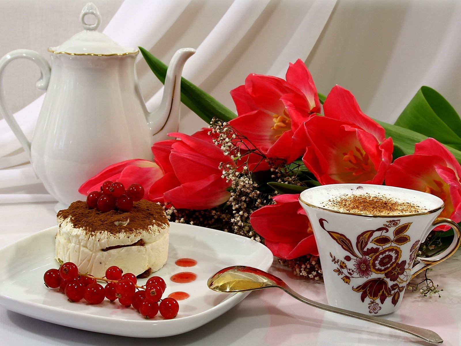white ceramic teacup and teapot, cake, coffee, foam, dessert