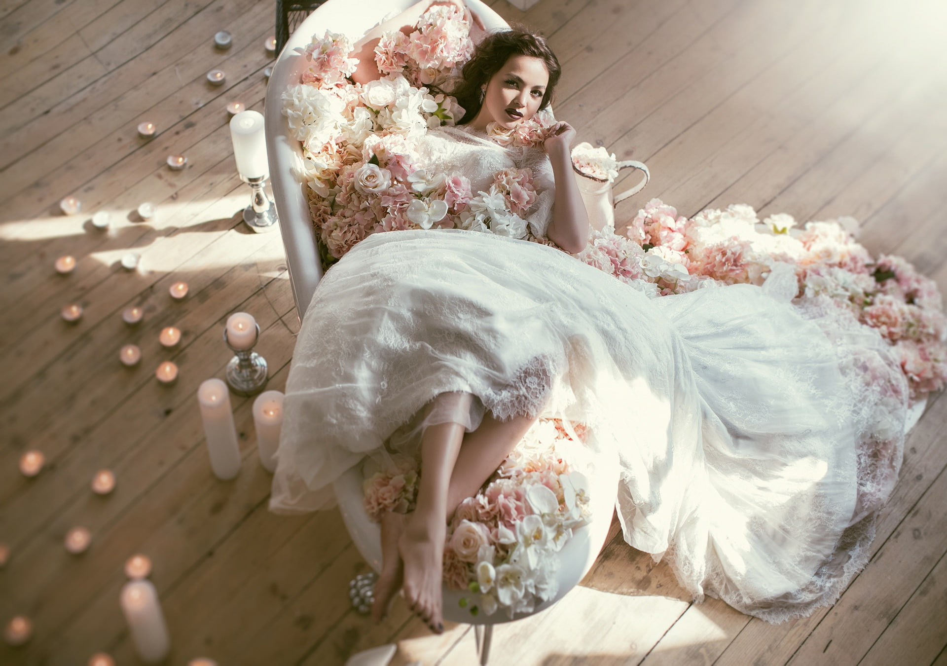 flowers, style, candles, the bride, wedding dress, Valeriya Mytnik