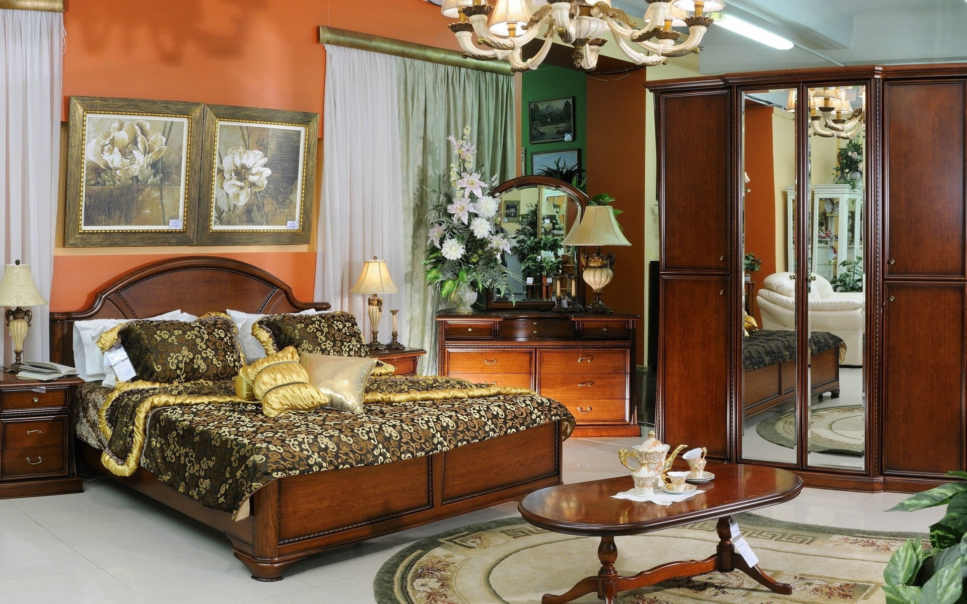 brown wooden cabinet, bedroom, wardrobe, carpet, chandelier, table